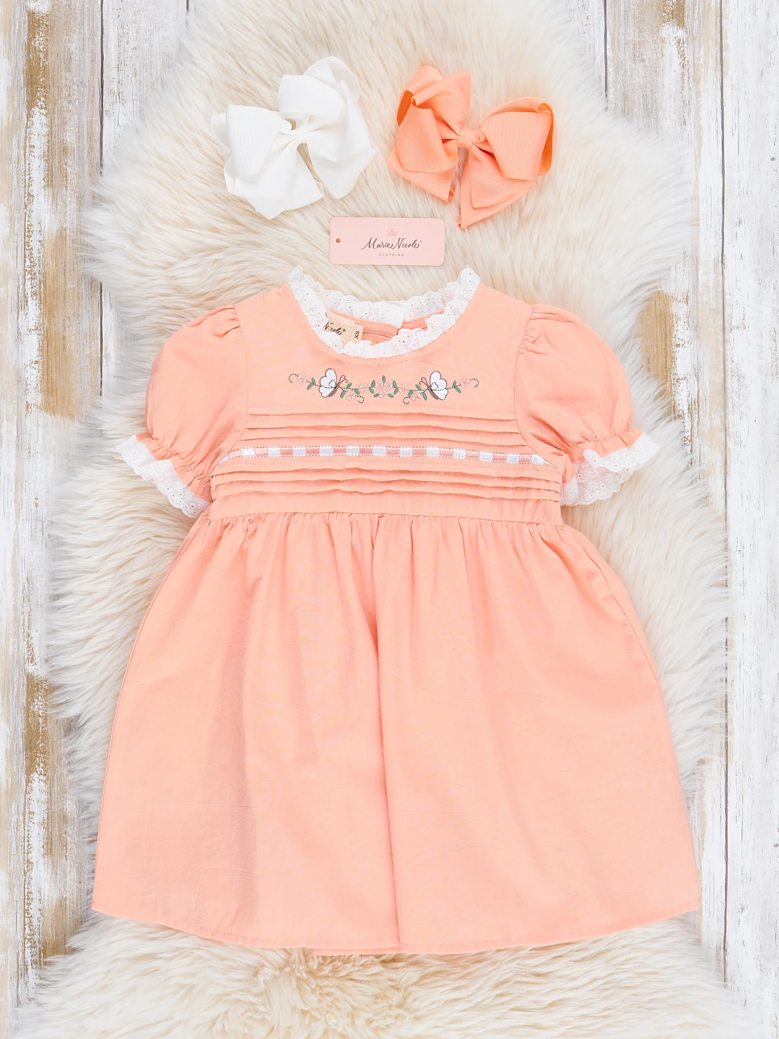 Peach Embroidered Garden Smocked Ruffle Dress