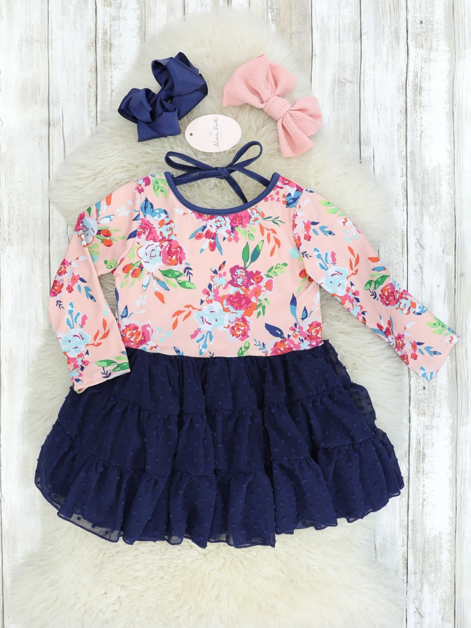 Peach Floral & Navy Swiss Dot Tiered Dress