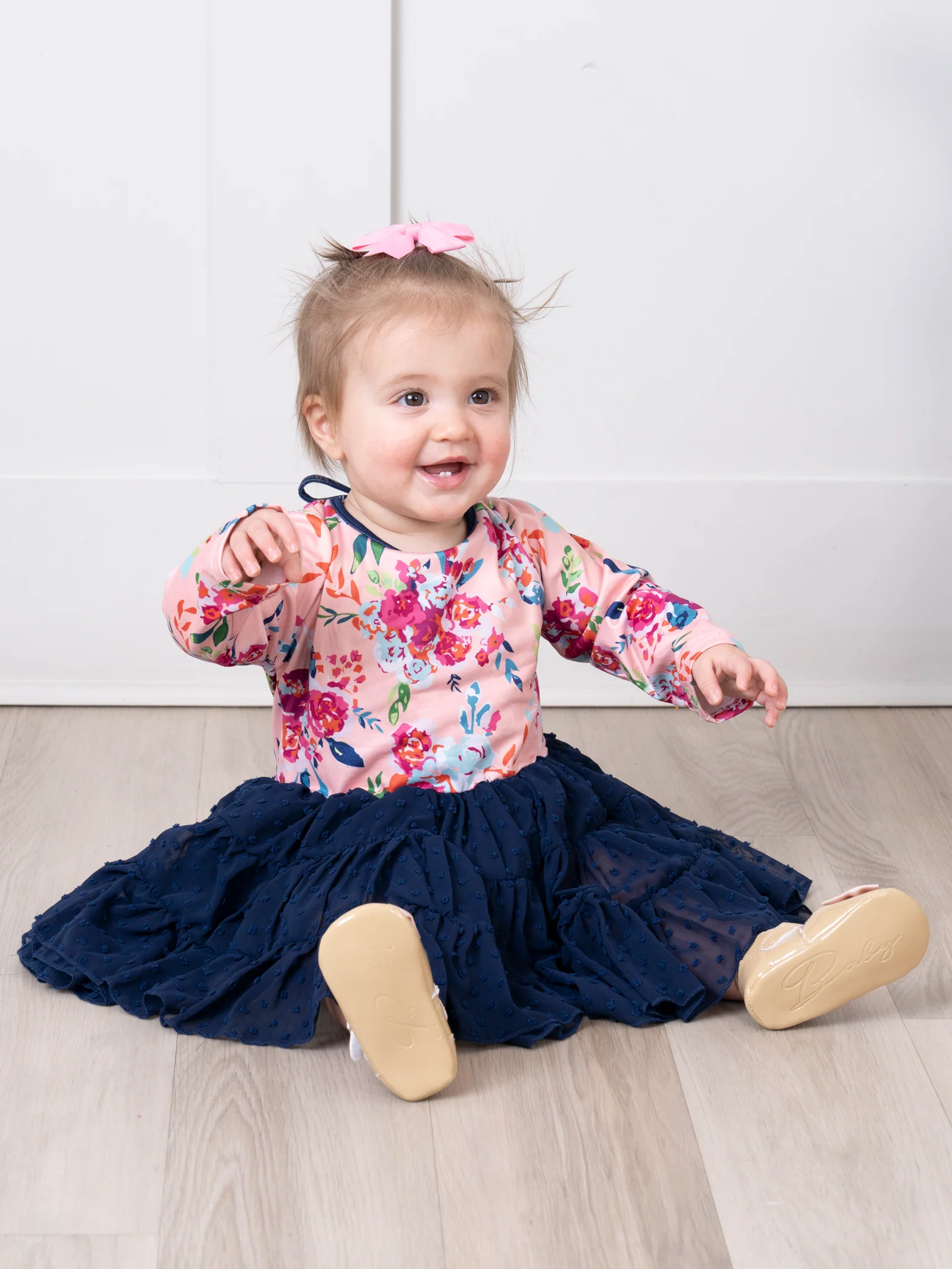 Peach Floral & Navy Swiss Dot Tiered Dress - Image 2