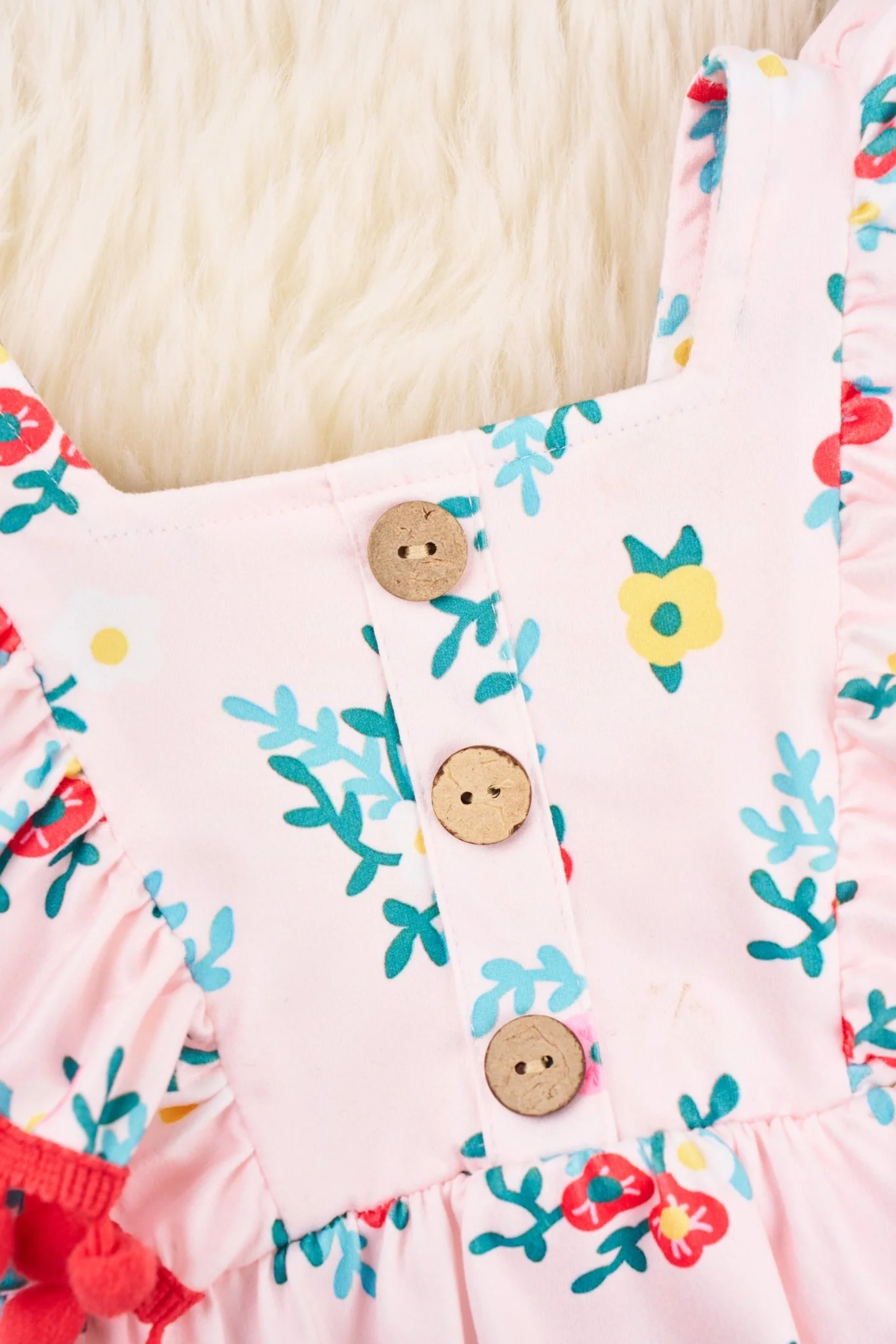 Peach Floral Pom Pom Ruffle Bubble Romper - Image 2