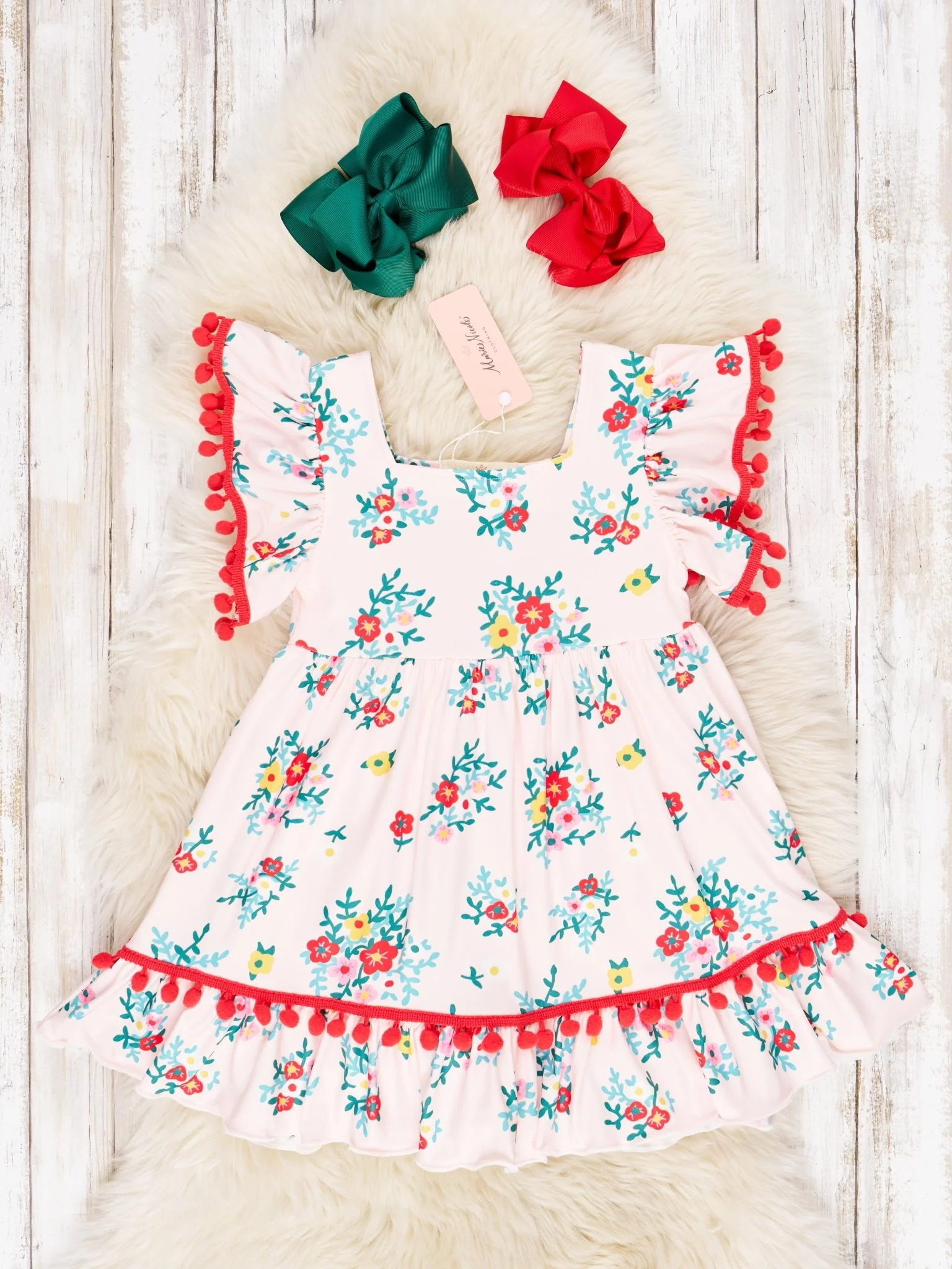 Peach Floral Pom Pom Ruffle Dress