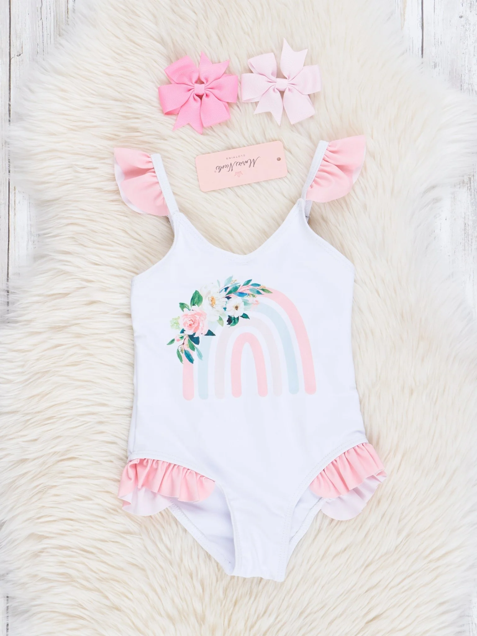 Peach Floral Rainbow Ruffle Swimsuit