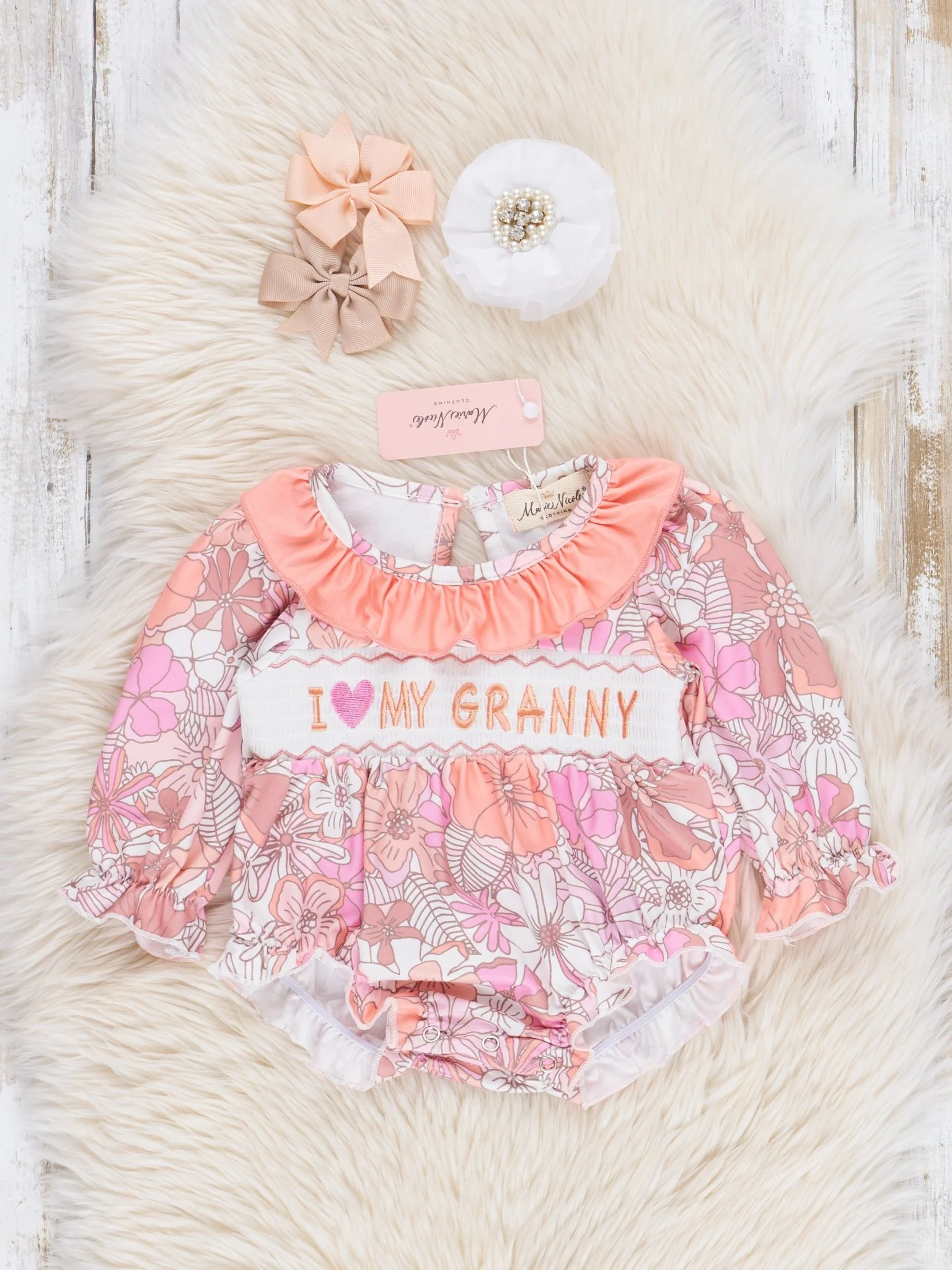 Peach Floral Smocked Granny Love Bubble Romper - Image 2