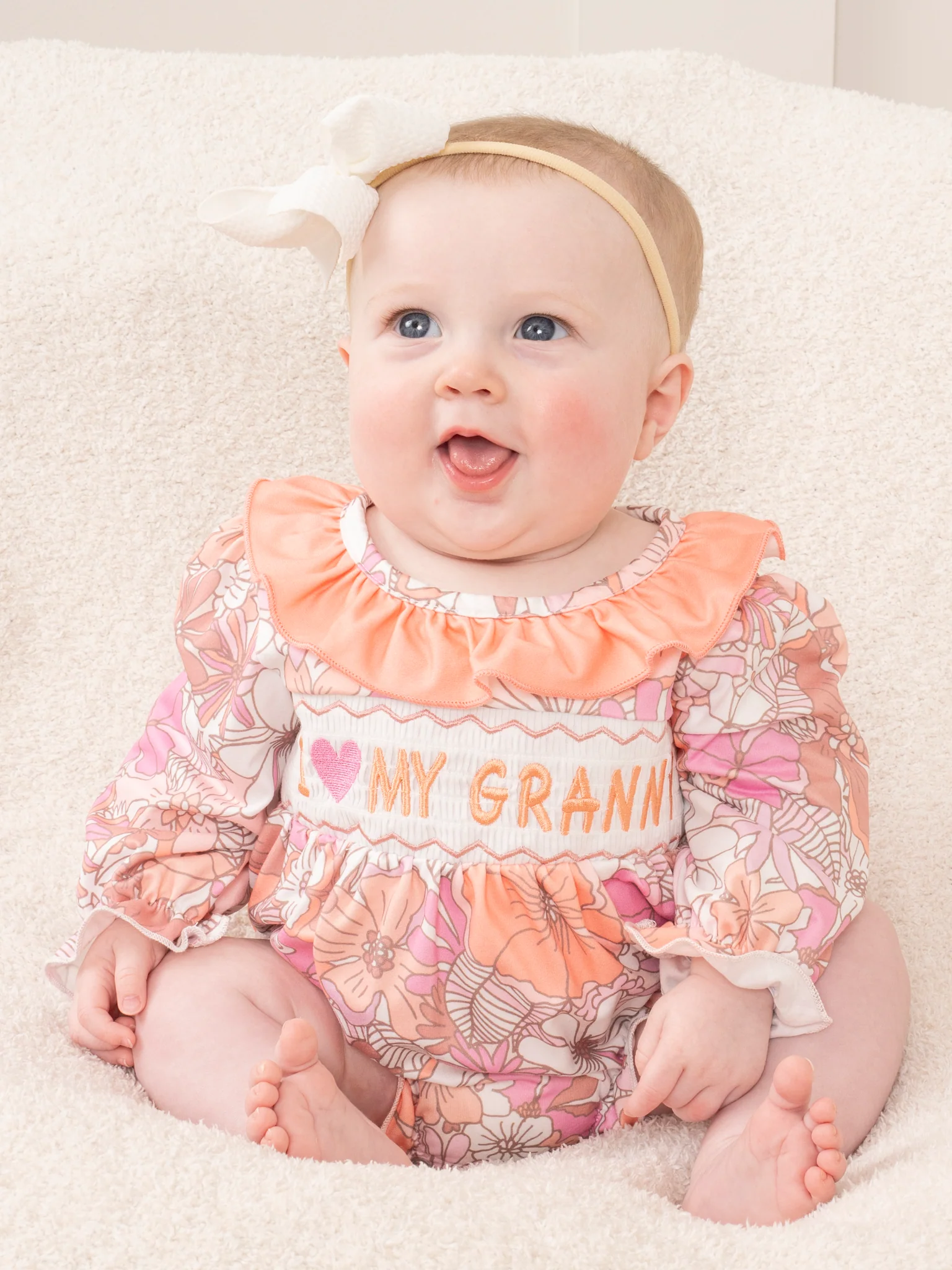 Peach Floral Smocked Granny Love Bubble Romper - Image 3