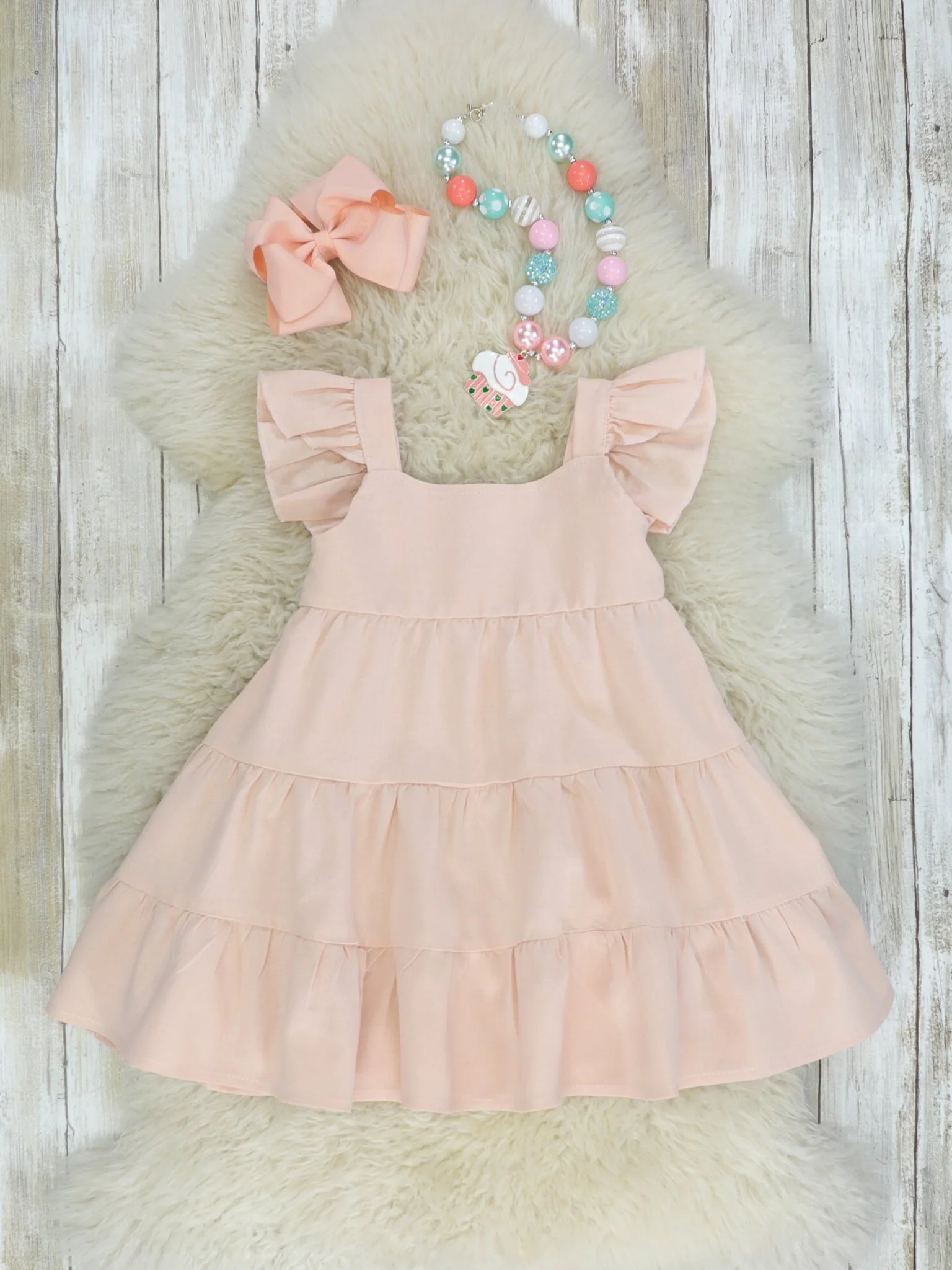 Peach Fluttersleeve Tiered Midi Dress