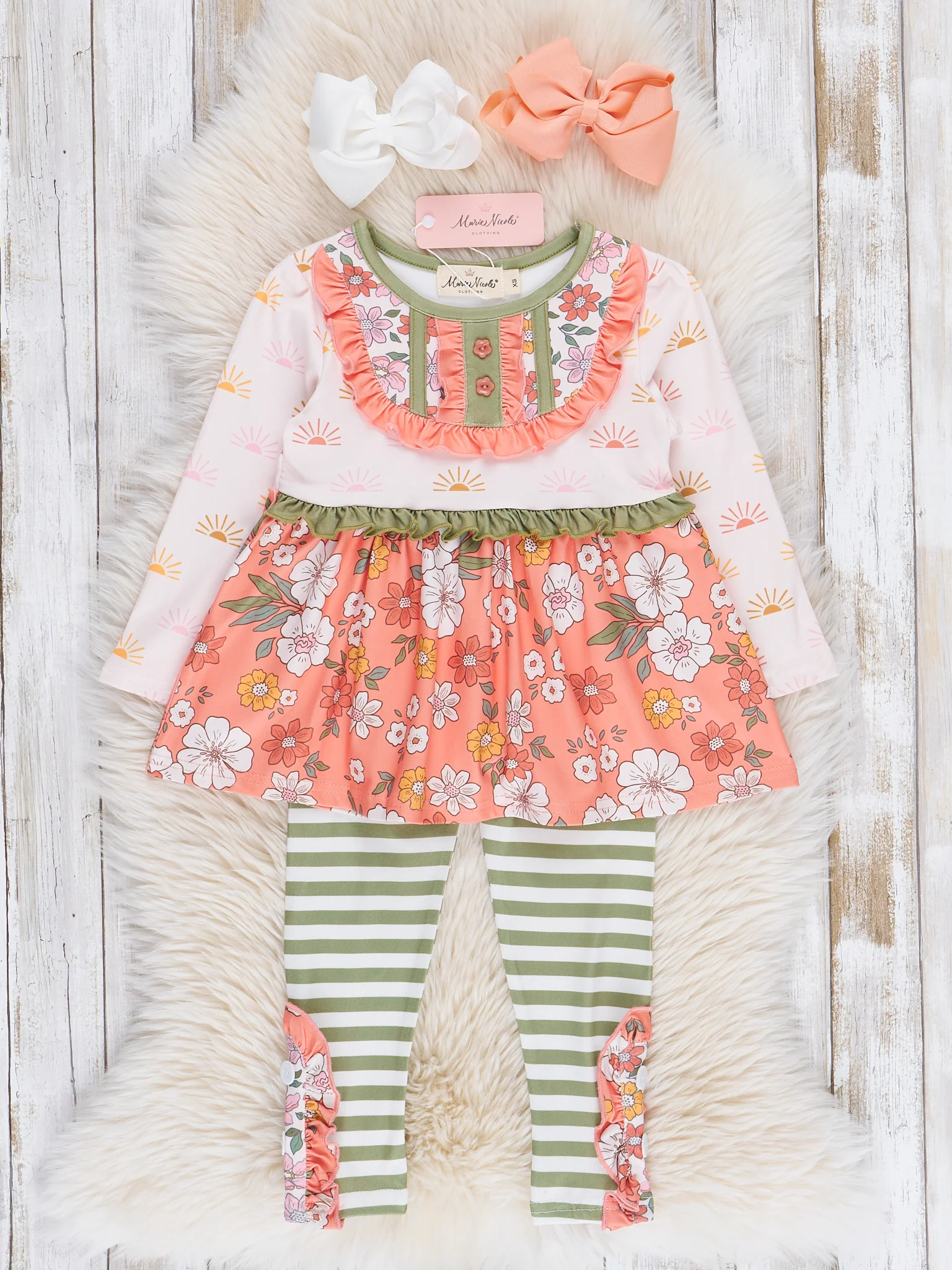 Peach & Green Daisy Garden Ruffle Outfit