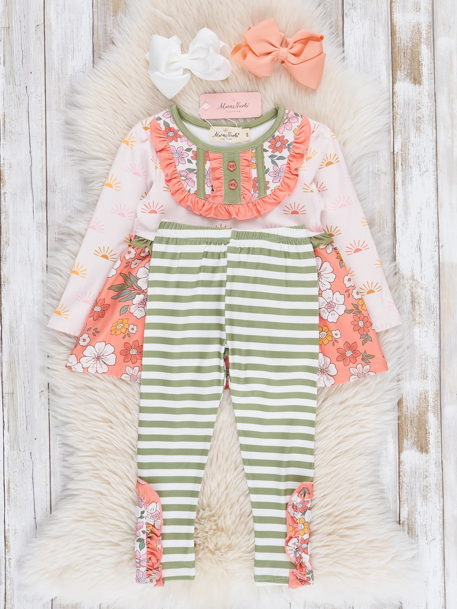 Peach & Green Daisy Garden Ruffle Outfit - Image 2