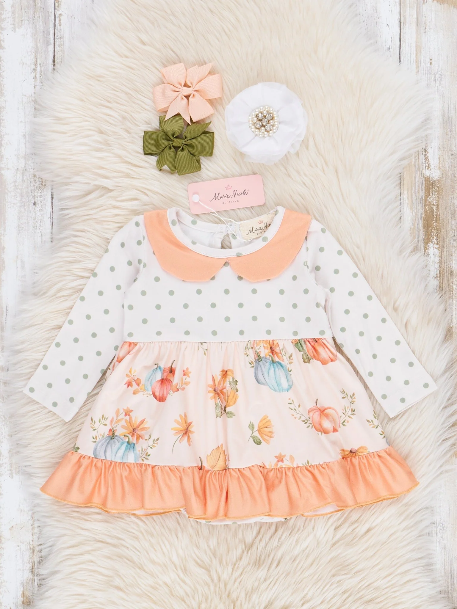 Peach & Green Dots Floral Pumpkins Ruffle Bubble Romper