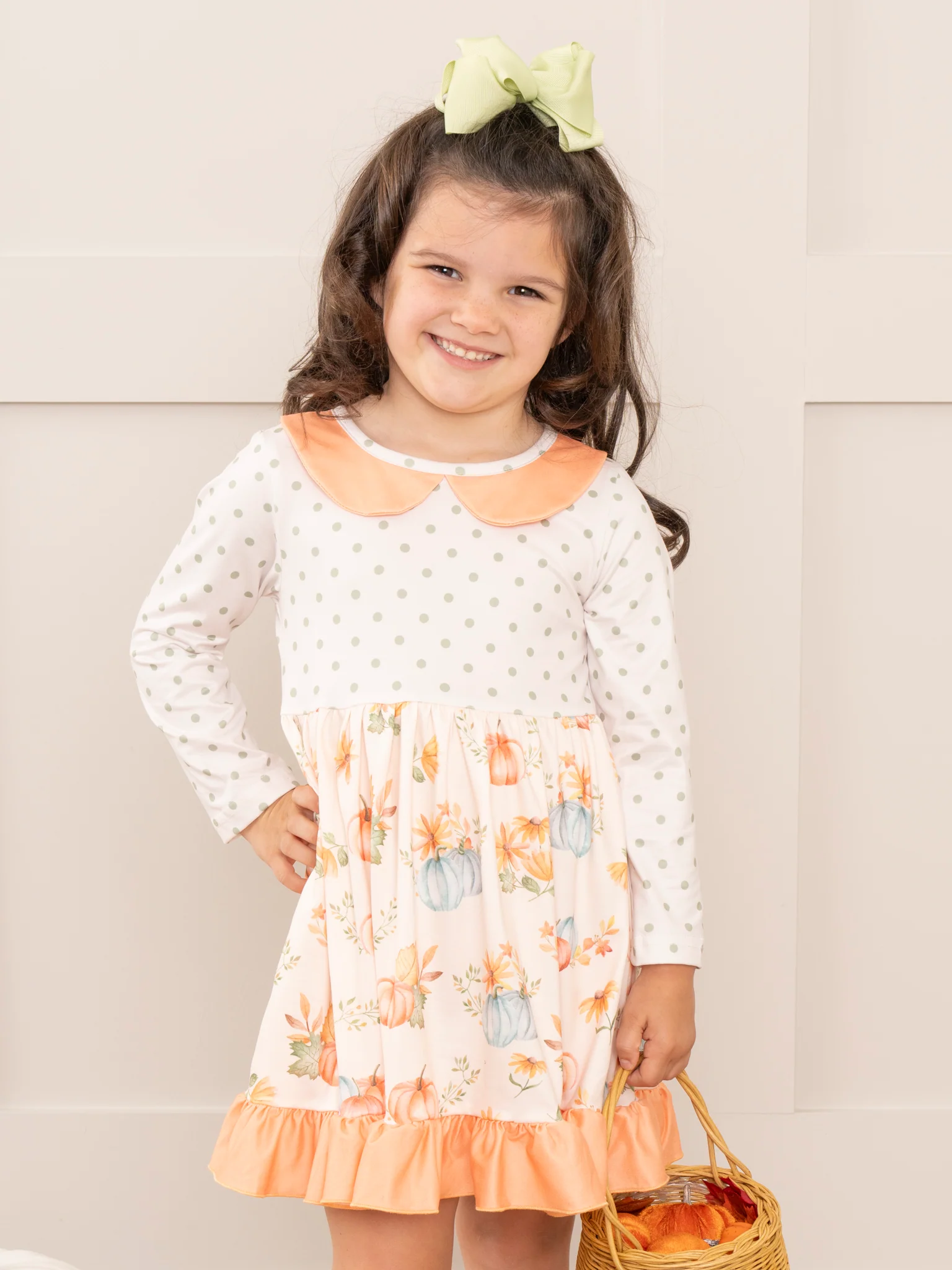 Peach & Green Dots Floral Pumpkins Ruffle Dress