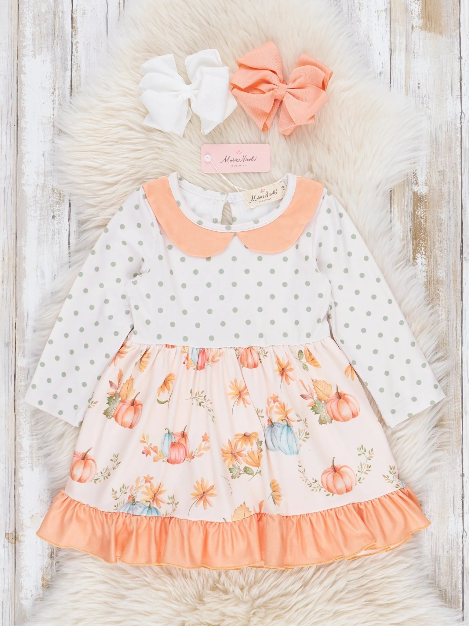 Peach & Green Dots Floral Pumpkins Ruffle Dress - Image 2