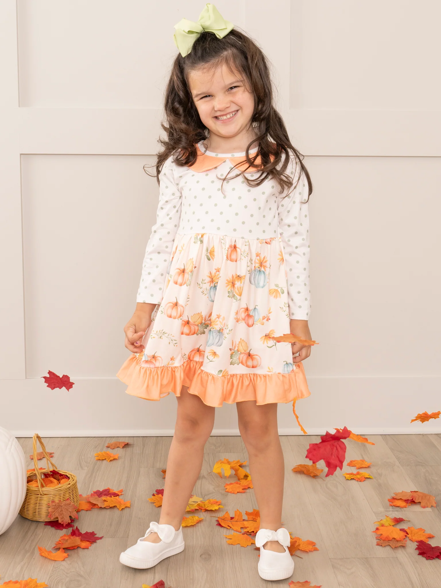 Peach & Green Dots Floral Pumpkins Ruffle Dress - Image 3