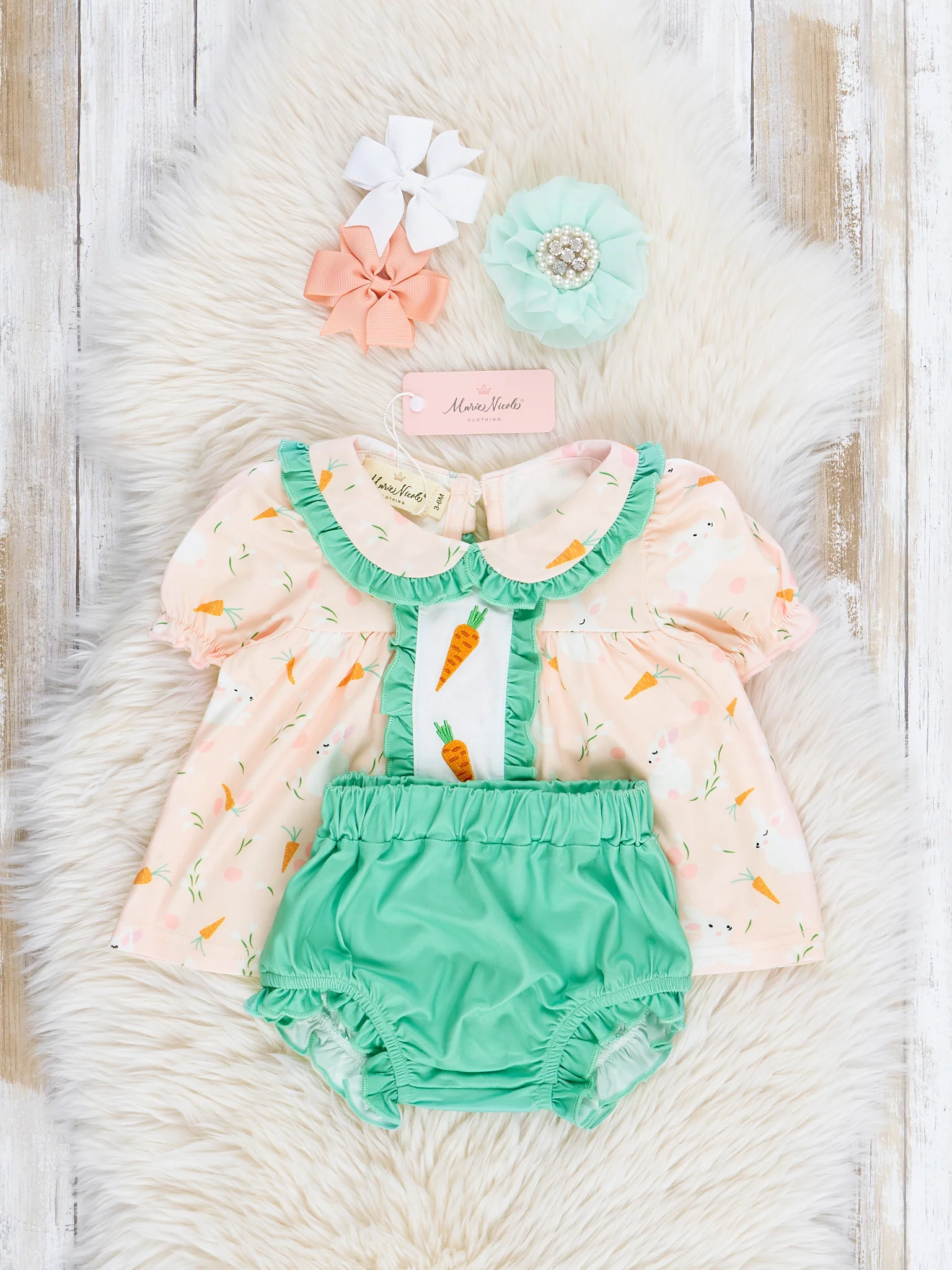 Peach & Green Embroidered Carrots Bloomers Outfit - Image 2