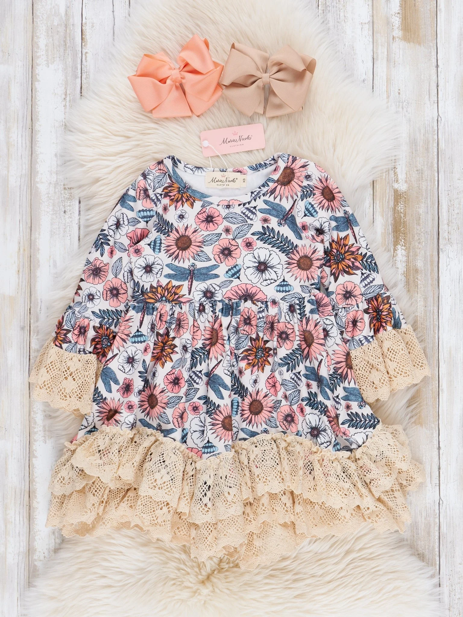 Peach & Green Garden Lace Trim Ruffle Dress