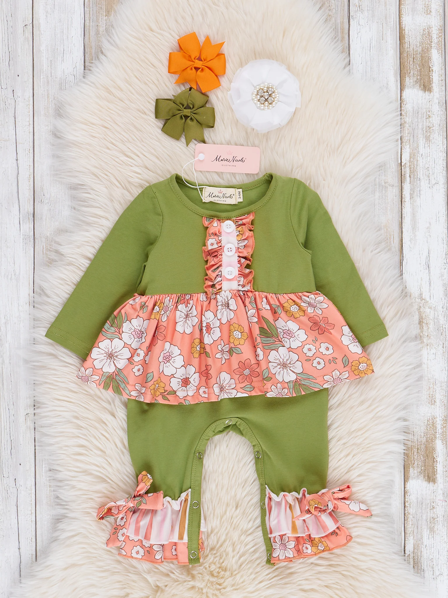 Peach & Green Garden Ruffle Romper
