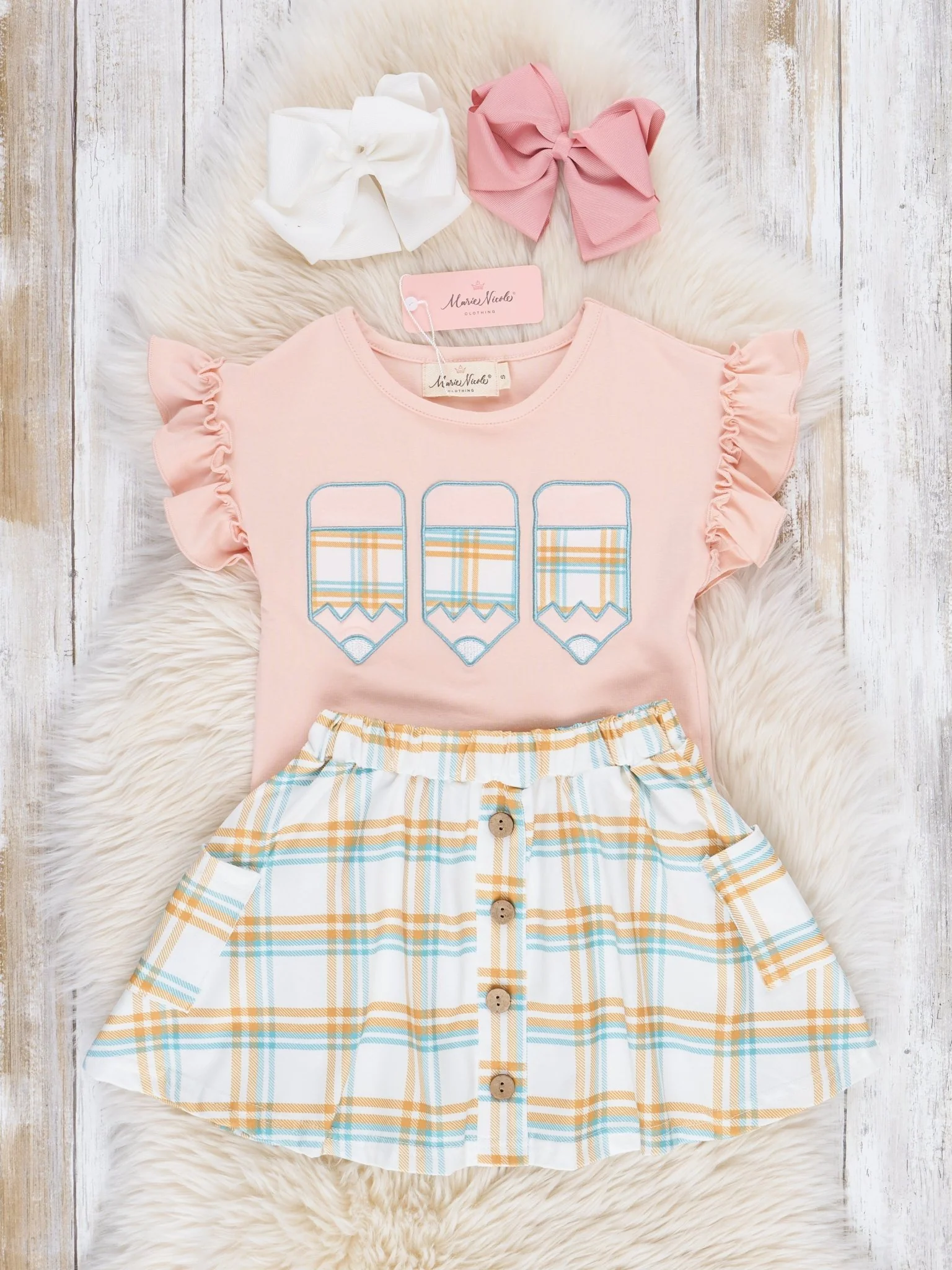 Peach & Green Plaid Outfit w/ Skirt - Image 2