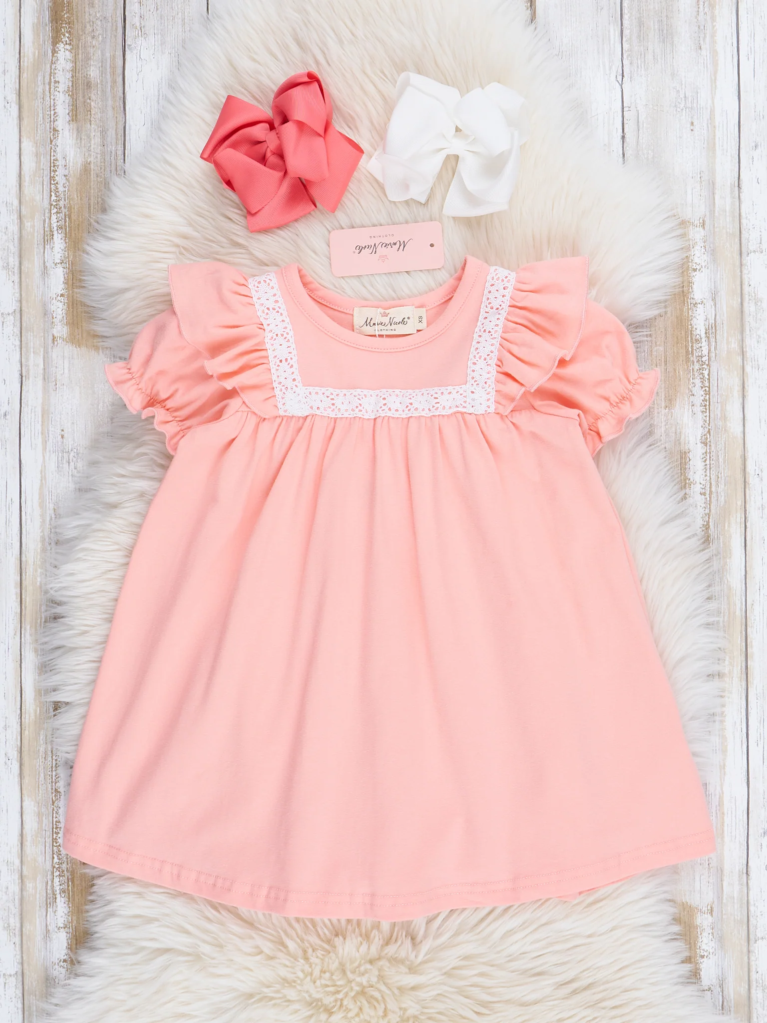 Peach Lace Trim Ruffle Dress