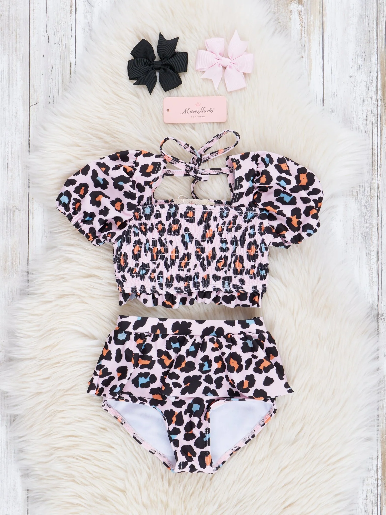 Peach Leopard Puff Sleeve Ruffle Swimsuit - Image 2