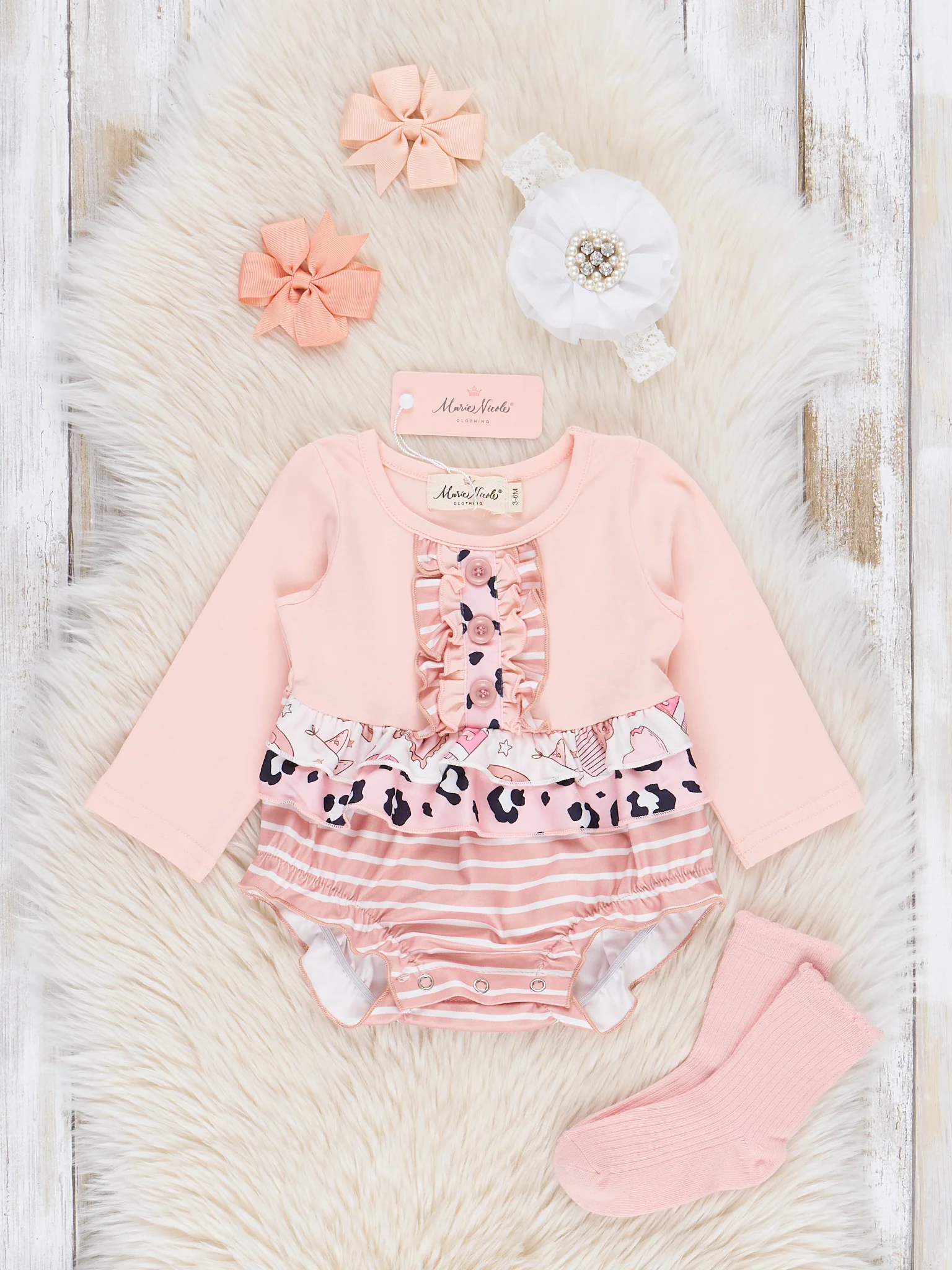 Peach Leopard Stripes Ruffle Bubble Romper