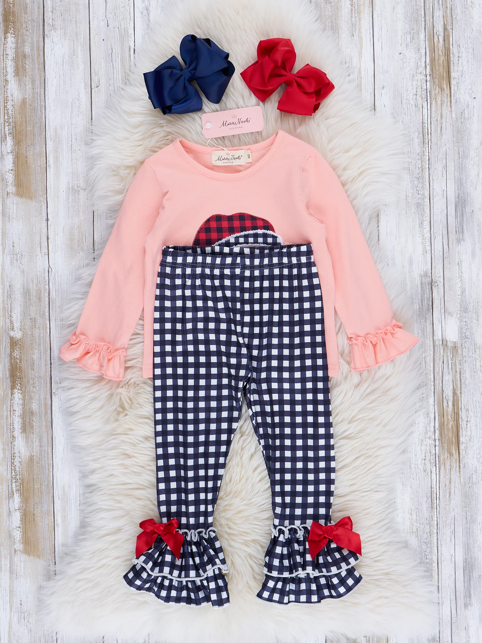 Peach & Navy Gingham Santa Ruffle Outfit - Image 2