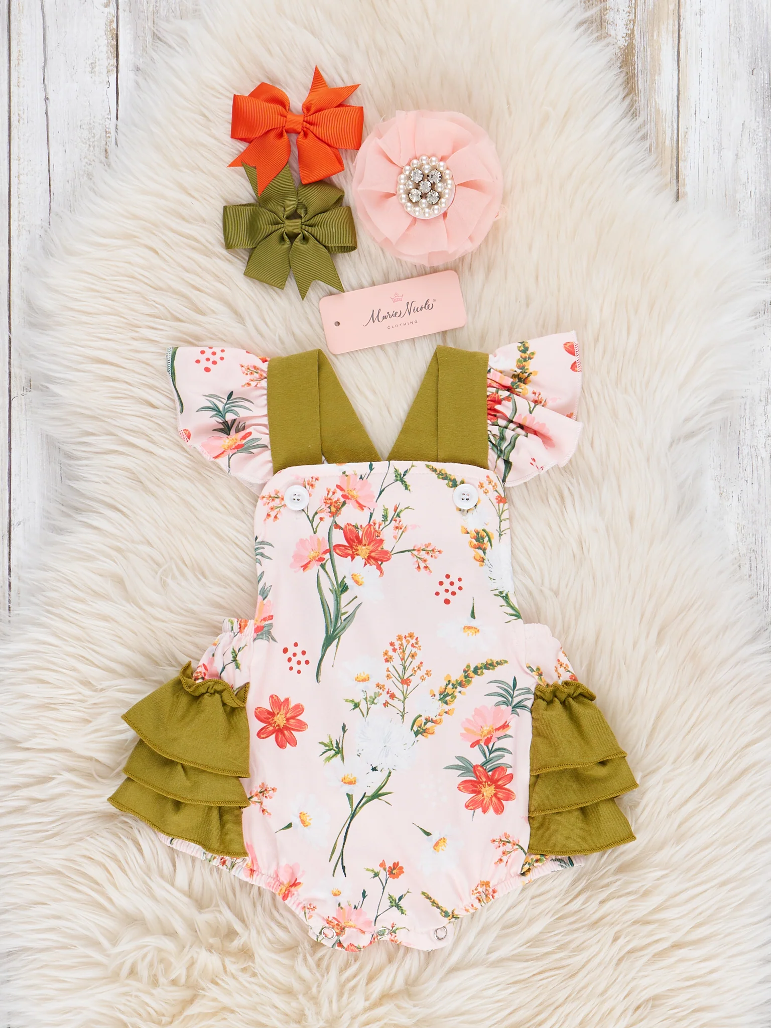 Peach & Olive Garden Ruffle Bubble Romper