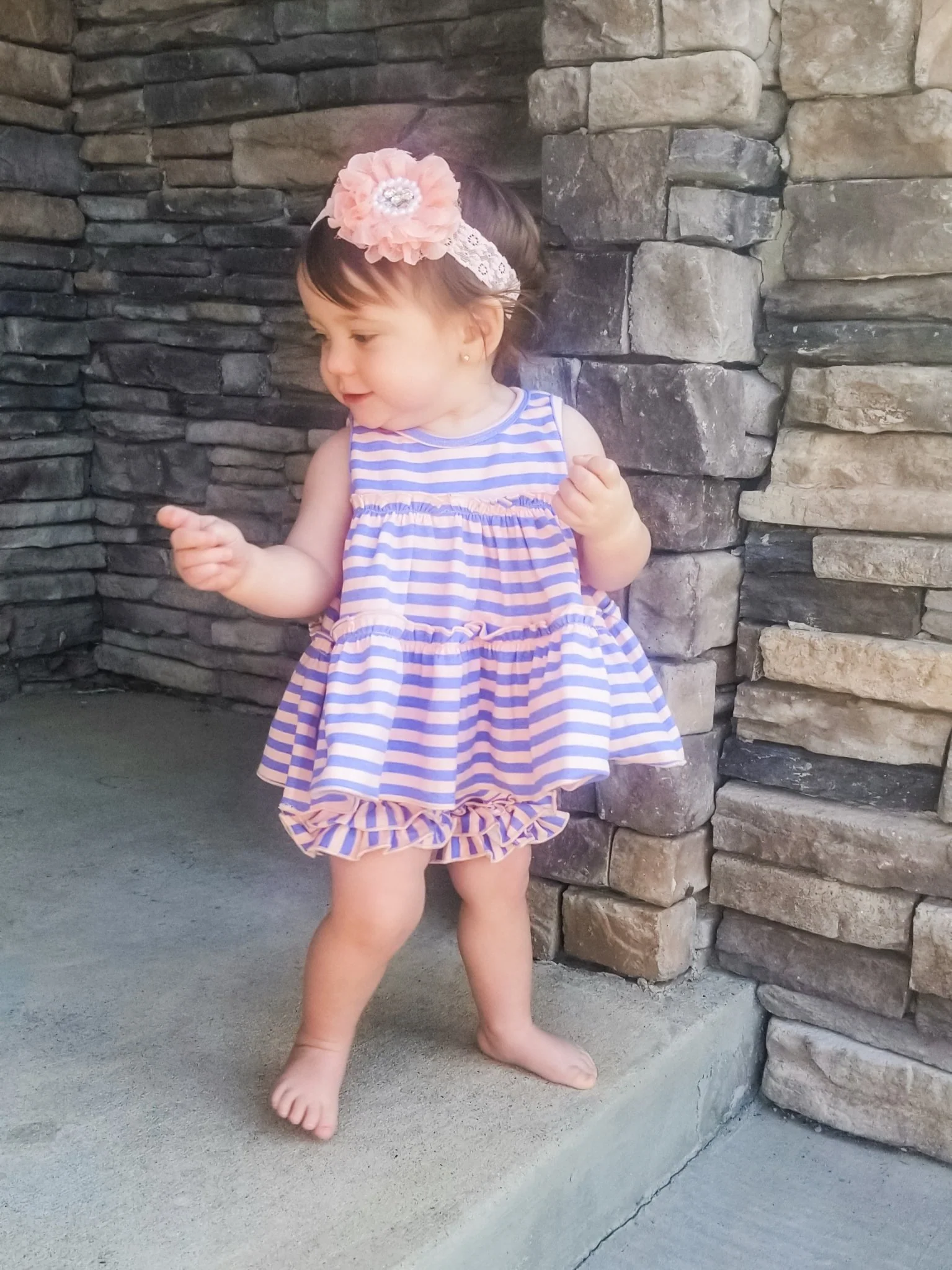 Peach & Orchid Striped Ruffle Trim Cotton Shorts - Image 3