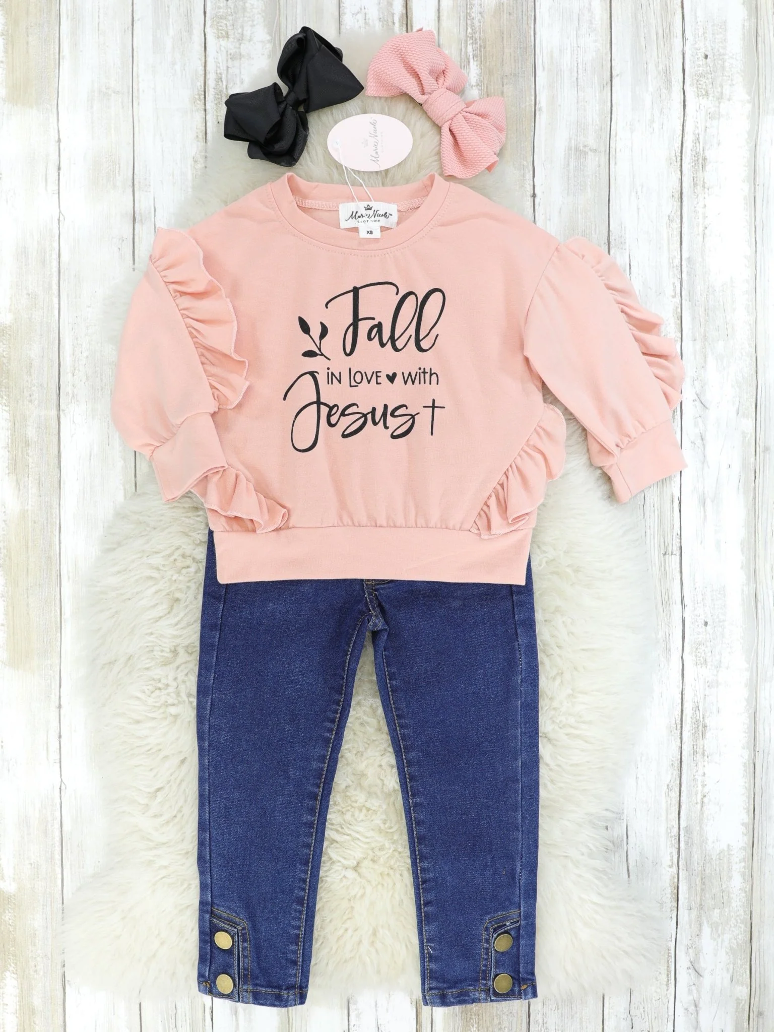 Peach Pink "Fall In Love With Jesus" Ruffle Top & Denim Outfit