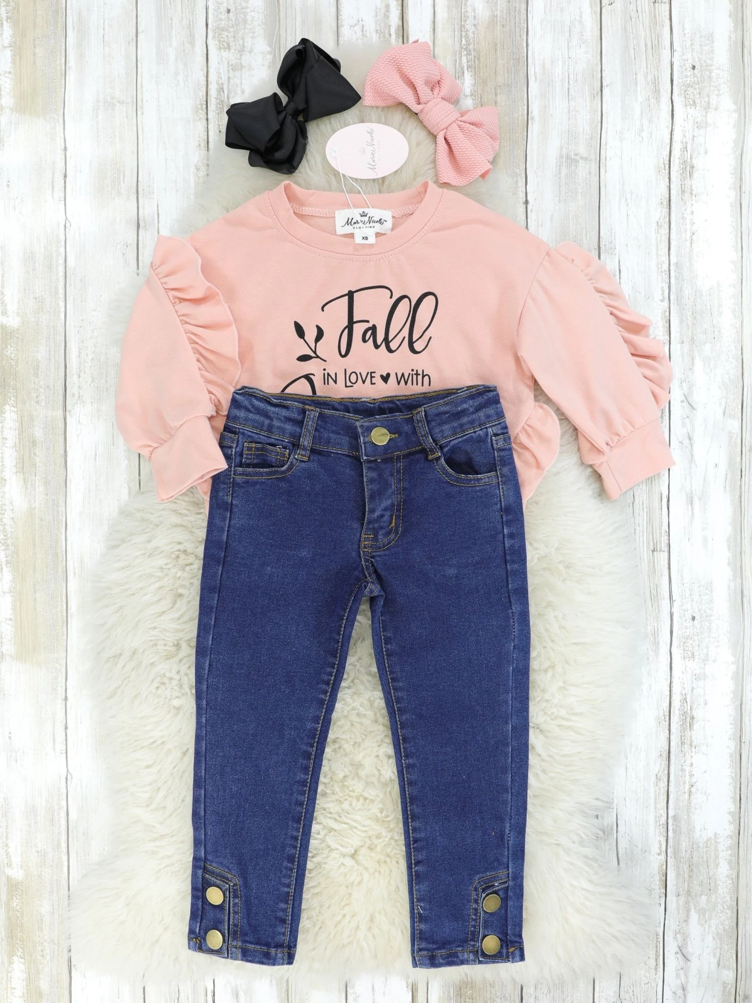 Peach Pink "Fall In Love With Jesus" Ruffle Top & Denim Outfit - Image 2