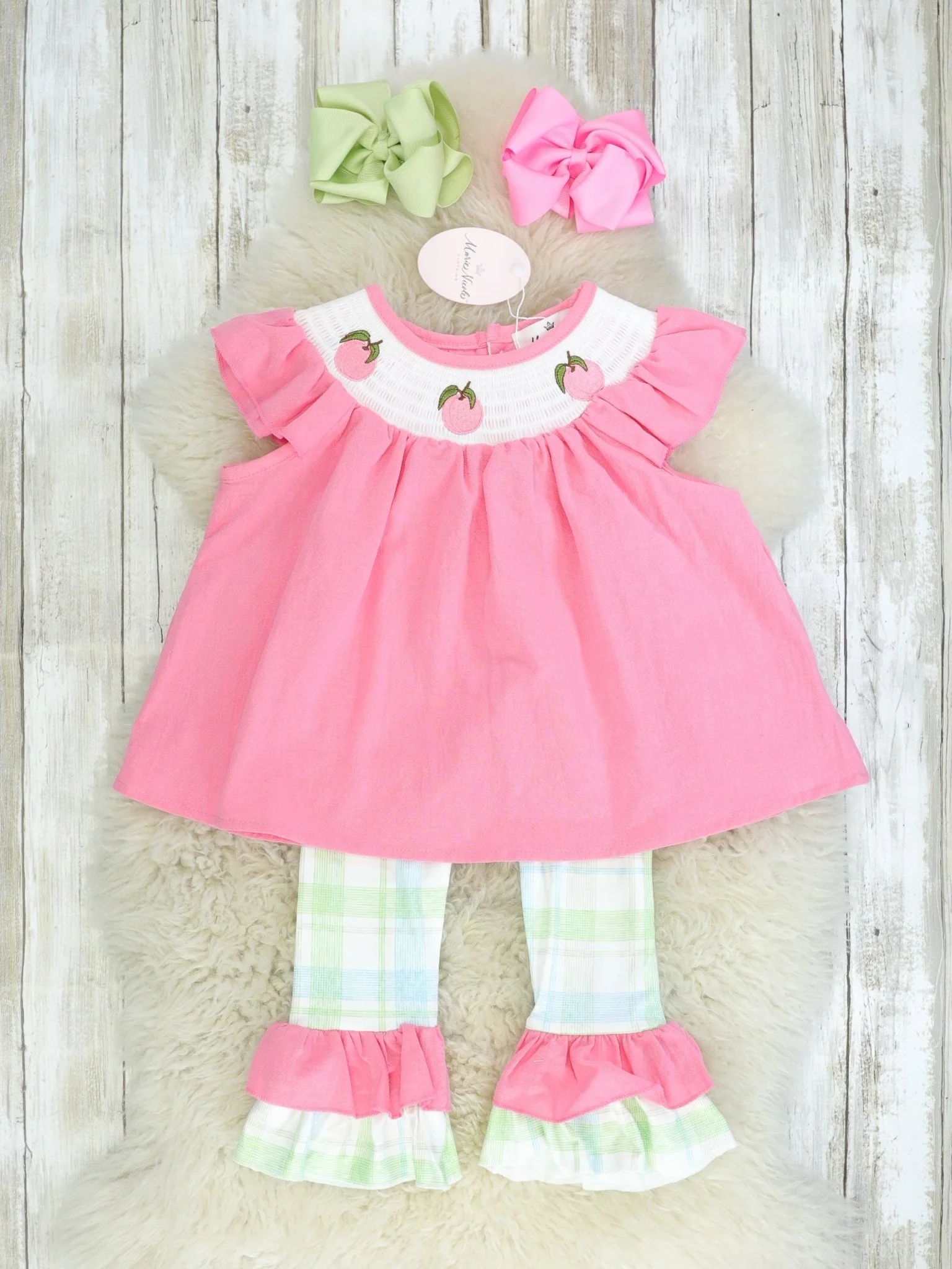 Peach Plaid Smocked Ruffle Outfit