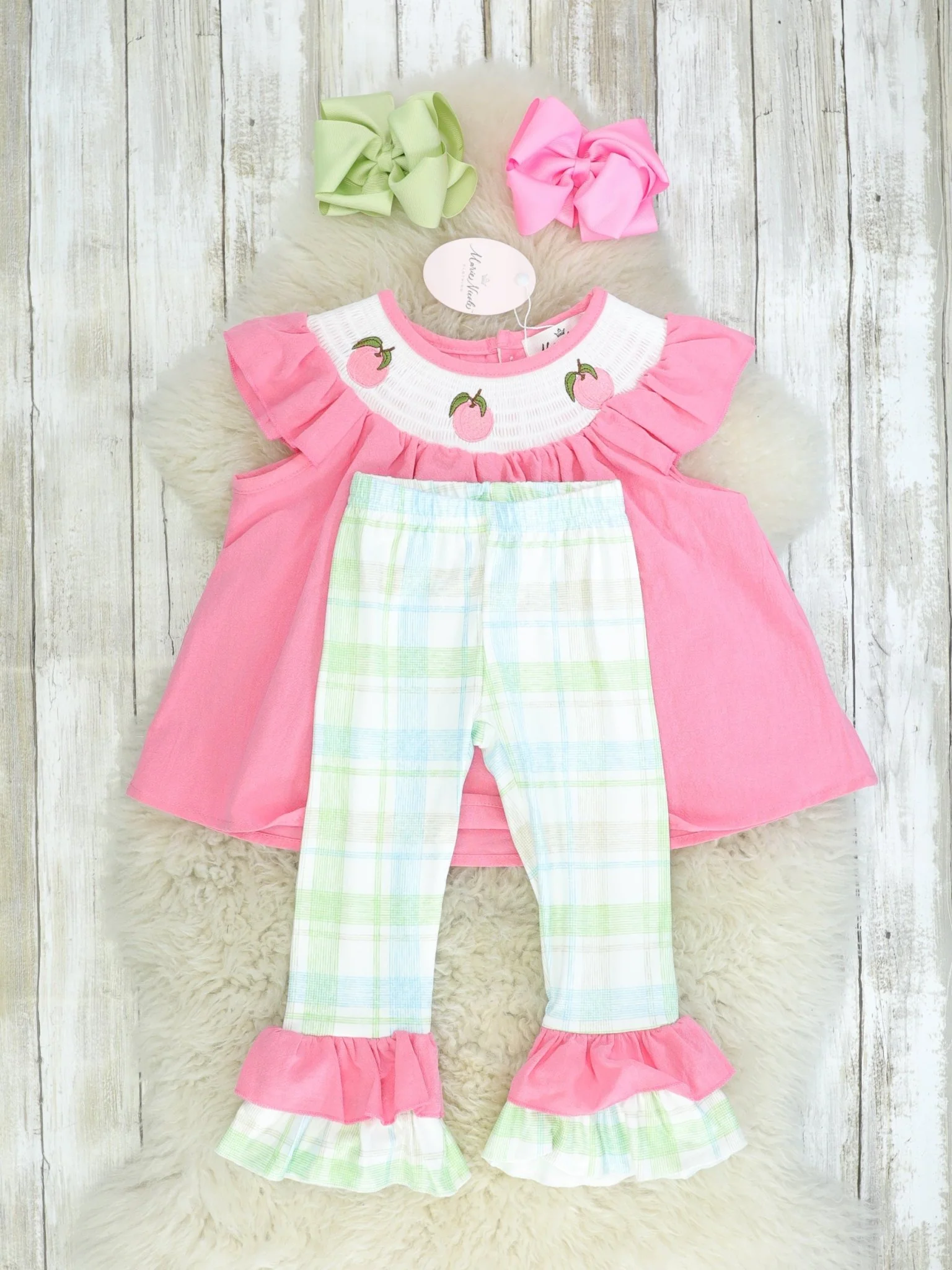Peach Plaid Smocked Ruffle Outfit - Image 2