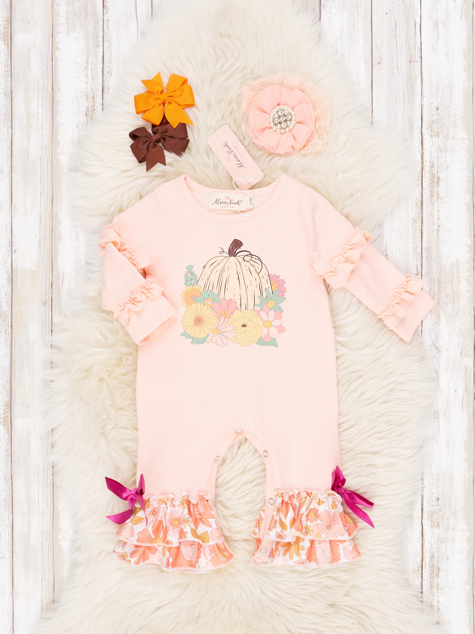Peach Pumpkin Garden Ruffle Romper