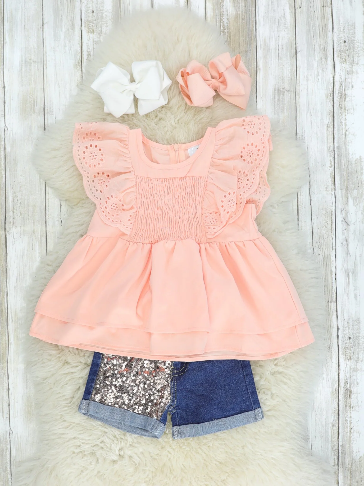 Peach Ruffle Top & Sequin Denim Outfit
