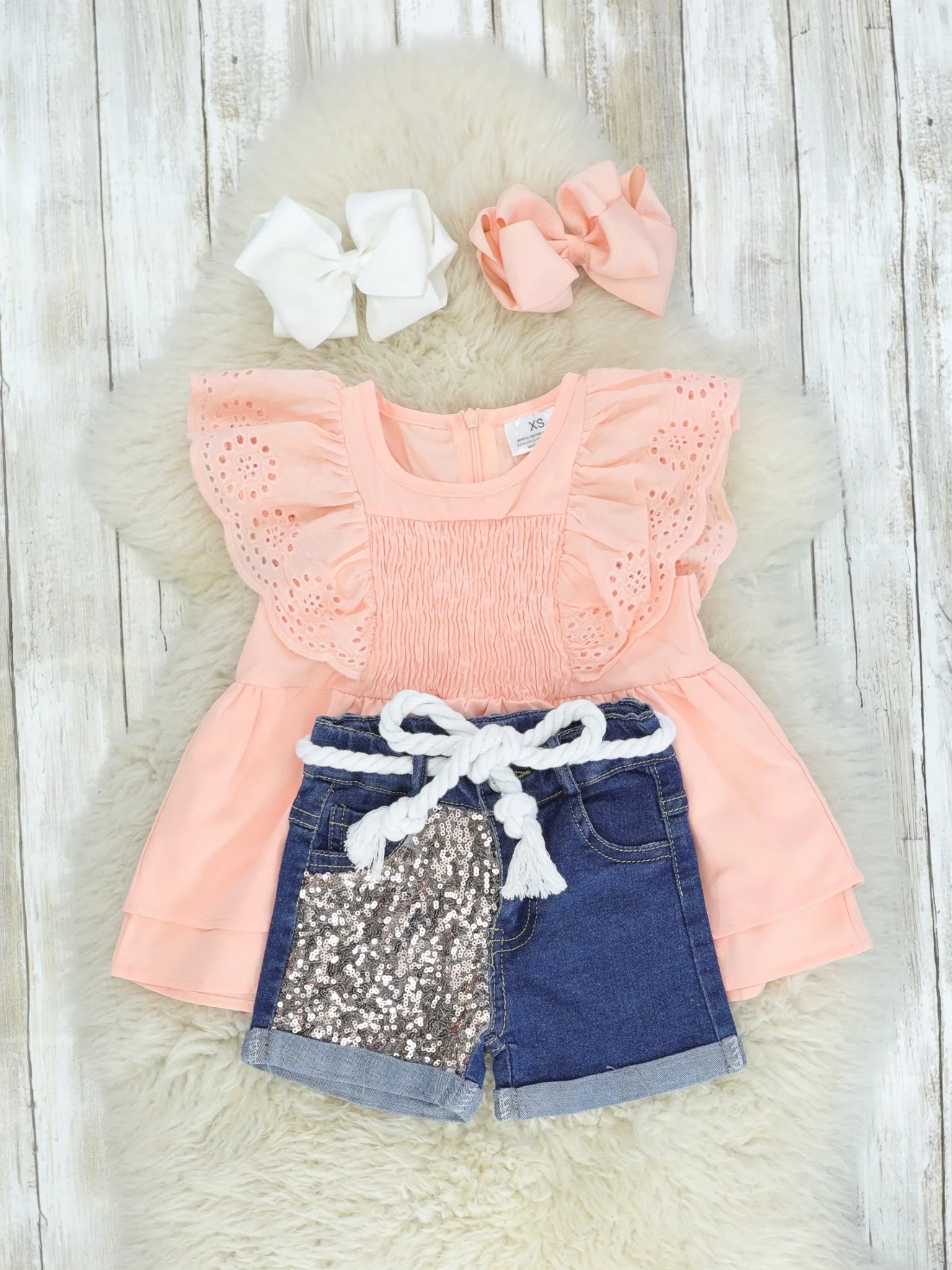 Peach Ruffle Top & Sequin Denim Outfit - Image 2