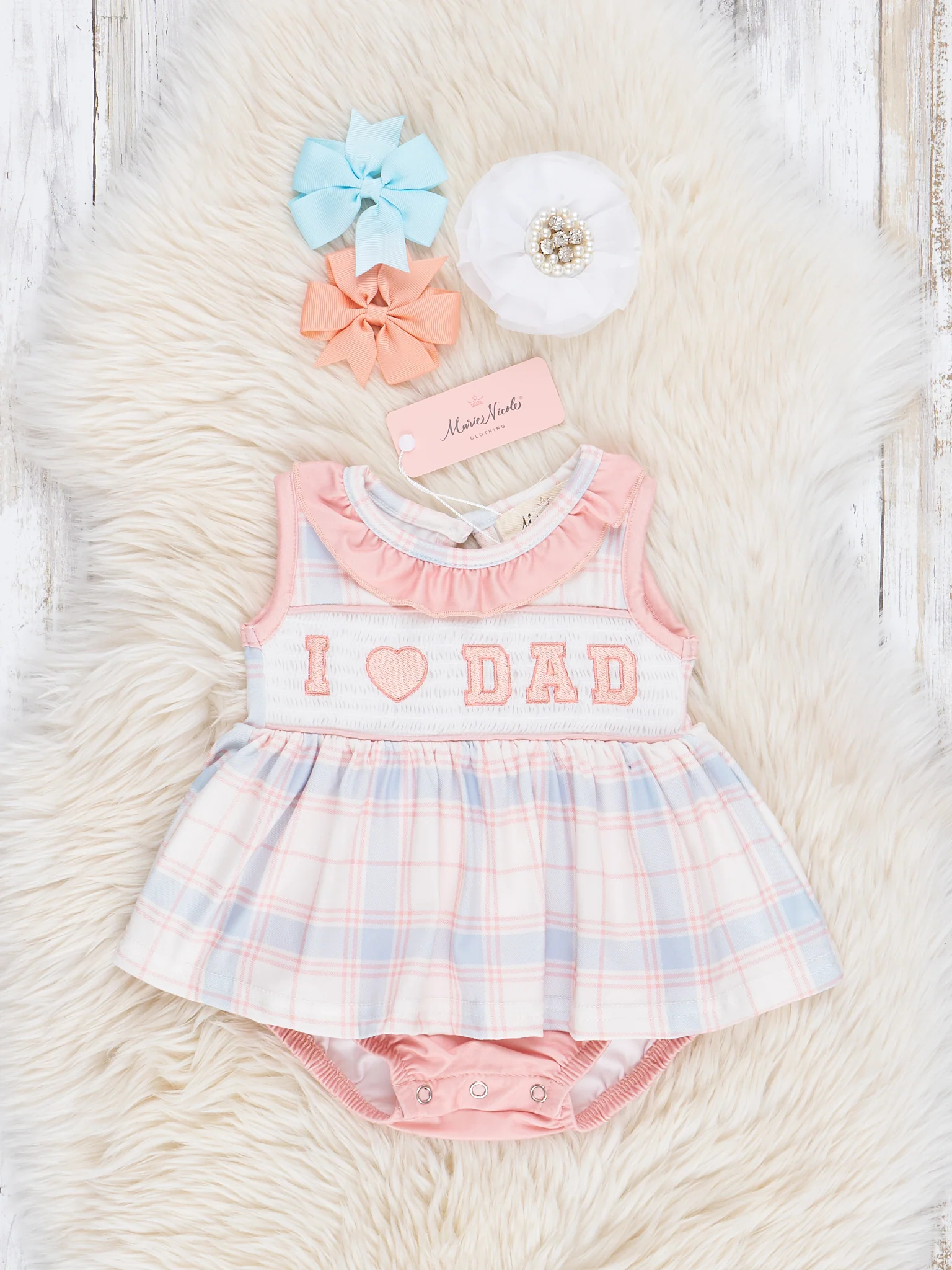Peach Smocked Dad Love Ruffle Bubble Romper