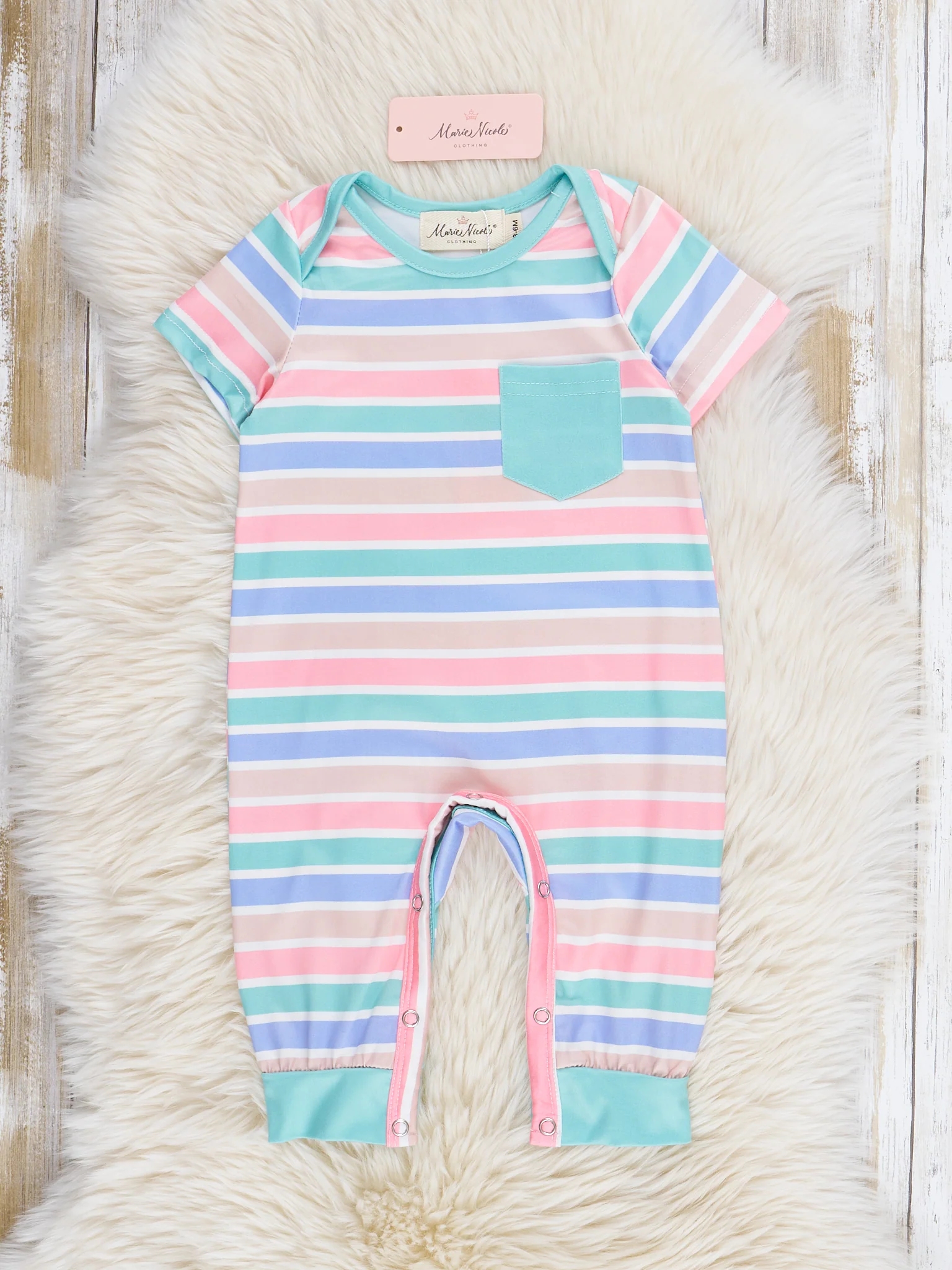 Peach & Teal Pocket Striped Romper