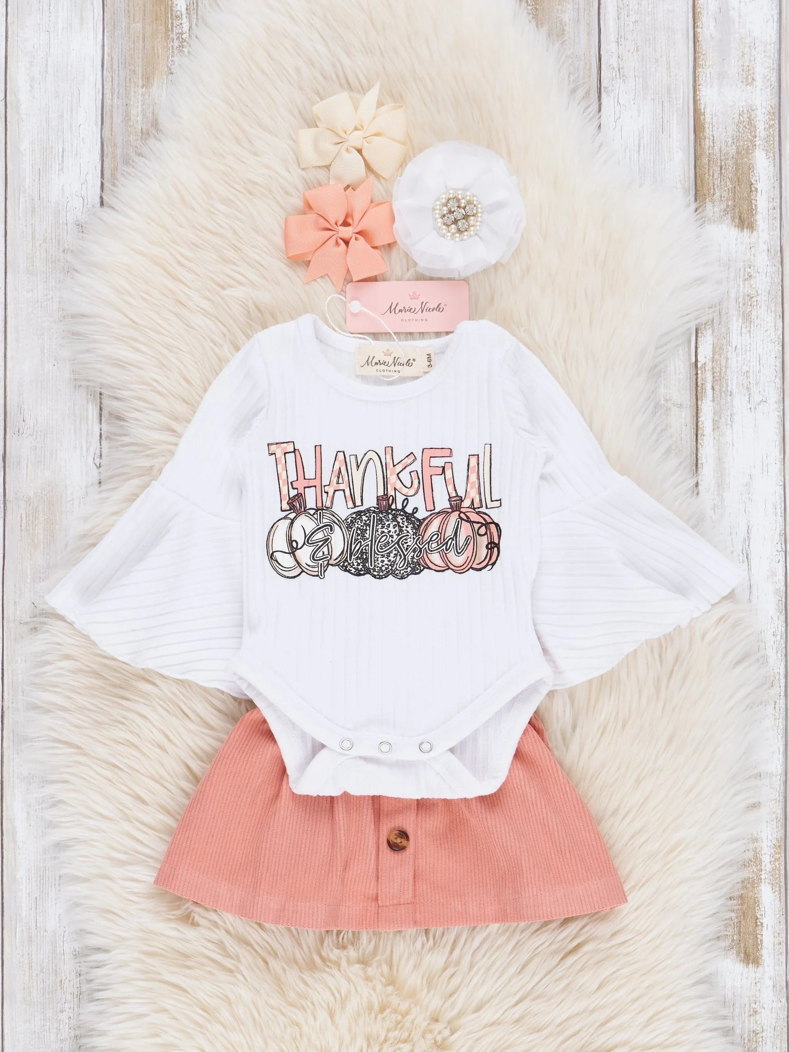 Peach Thankful Pumpkins Bubble Outfit w/ Corduroy Skirt