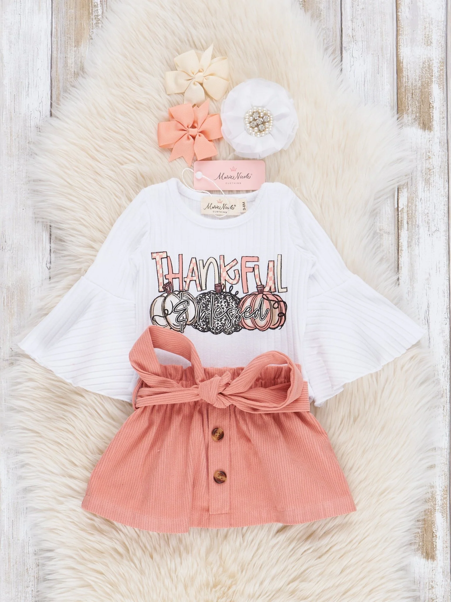 Peach Thankful Pumpkins Bubble Outfit w/ Corduroy Skirt - Image 2