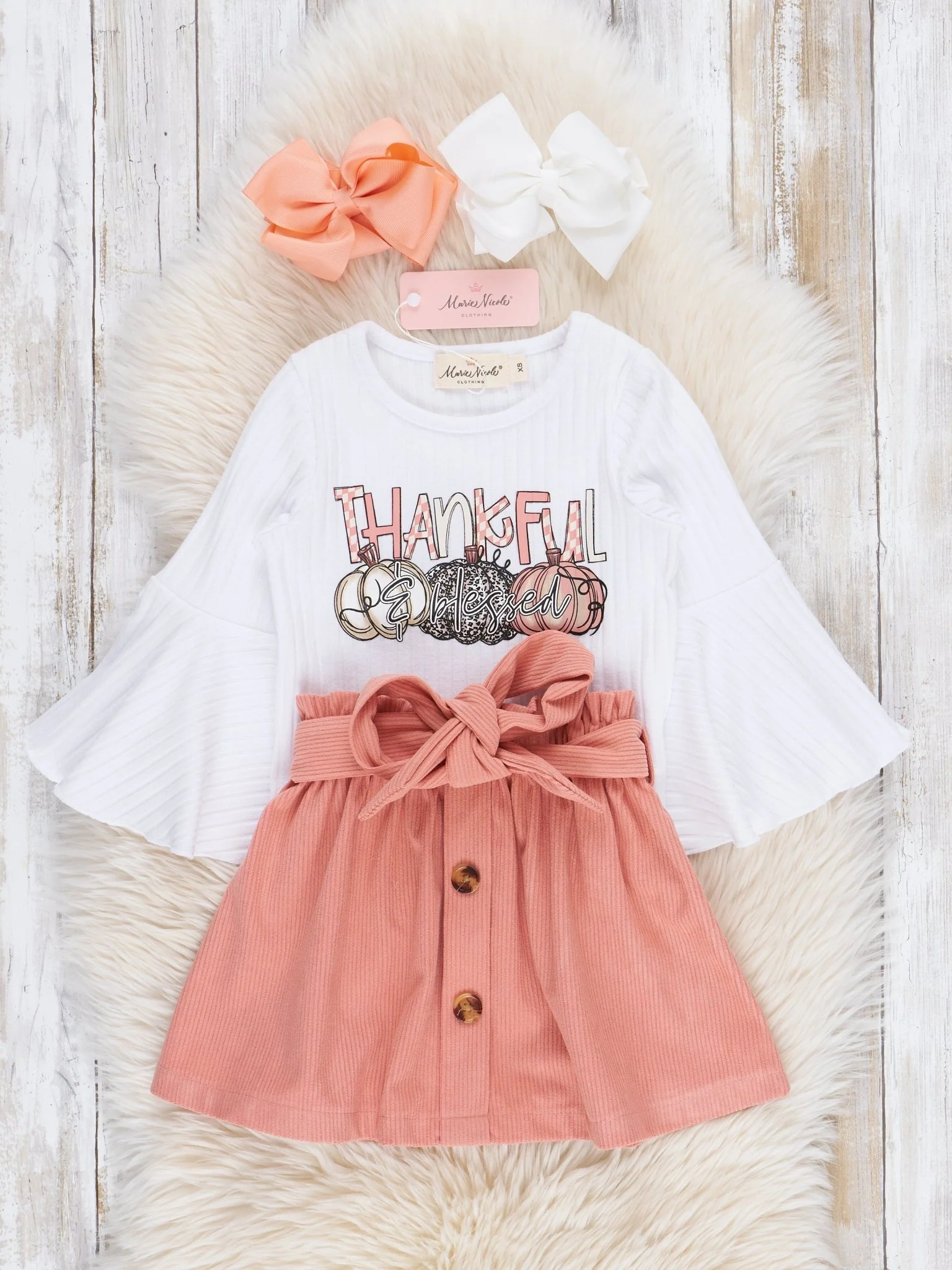 Peach Thankful Pumpkins Outfit w/ Corduroy Skirt - Image 2