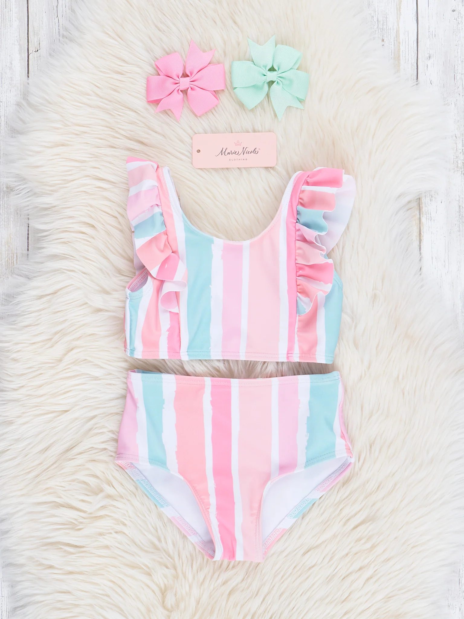 Peach & Turquoise Stripes Two-Piece Swimsuit