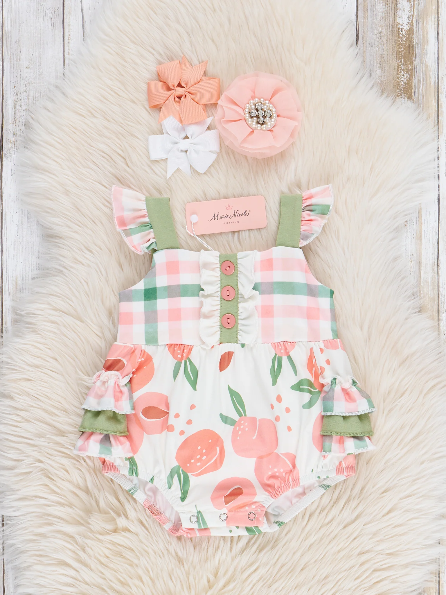 Peaches & Green Gingham Ruffle Bubble Romper