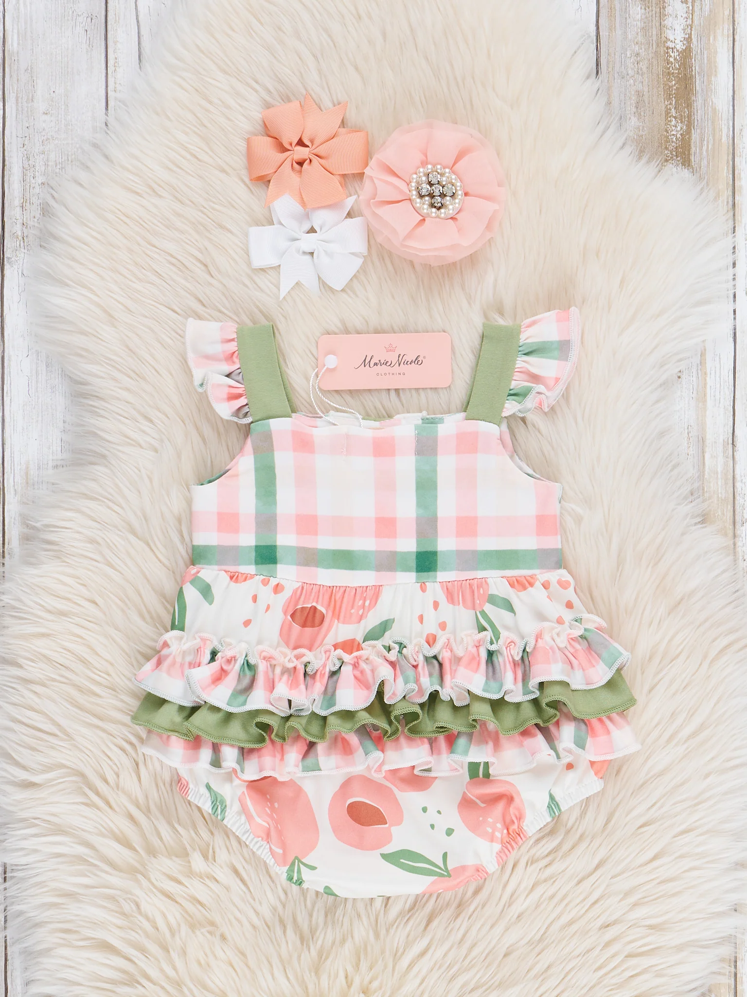 Peaches & Green Gingham Ruffle Bubble Romper - Image 2