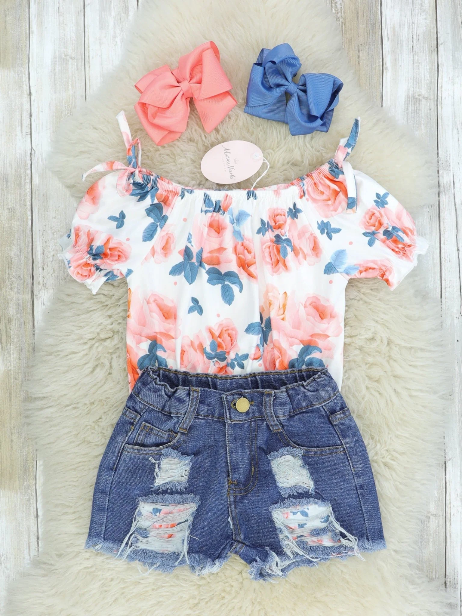 Peachy Floral Tie Shirt & Distressed Denim Outfit - Image 2