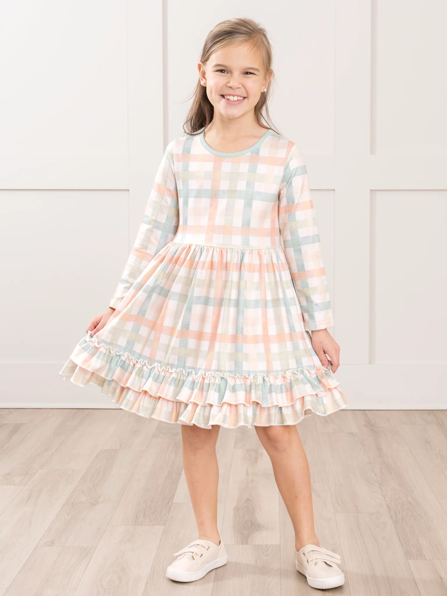 Peachy Mint Plaid Ruffle Dress - Image 3