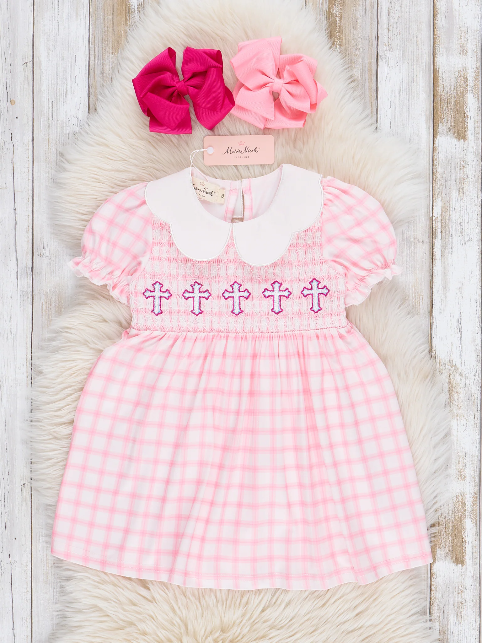 Pink Smocked Crosses Ruffle Dress