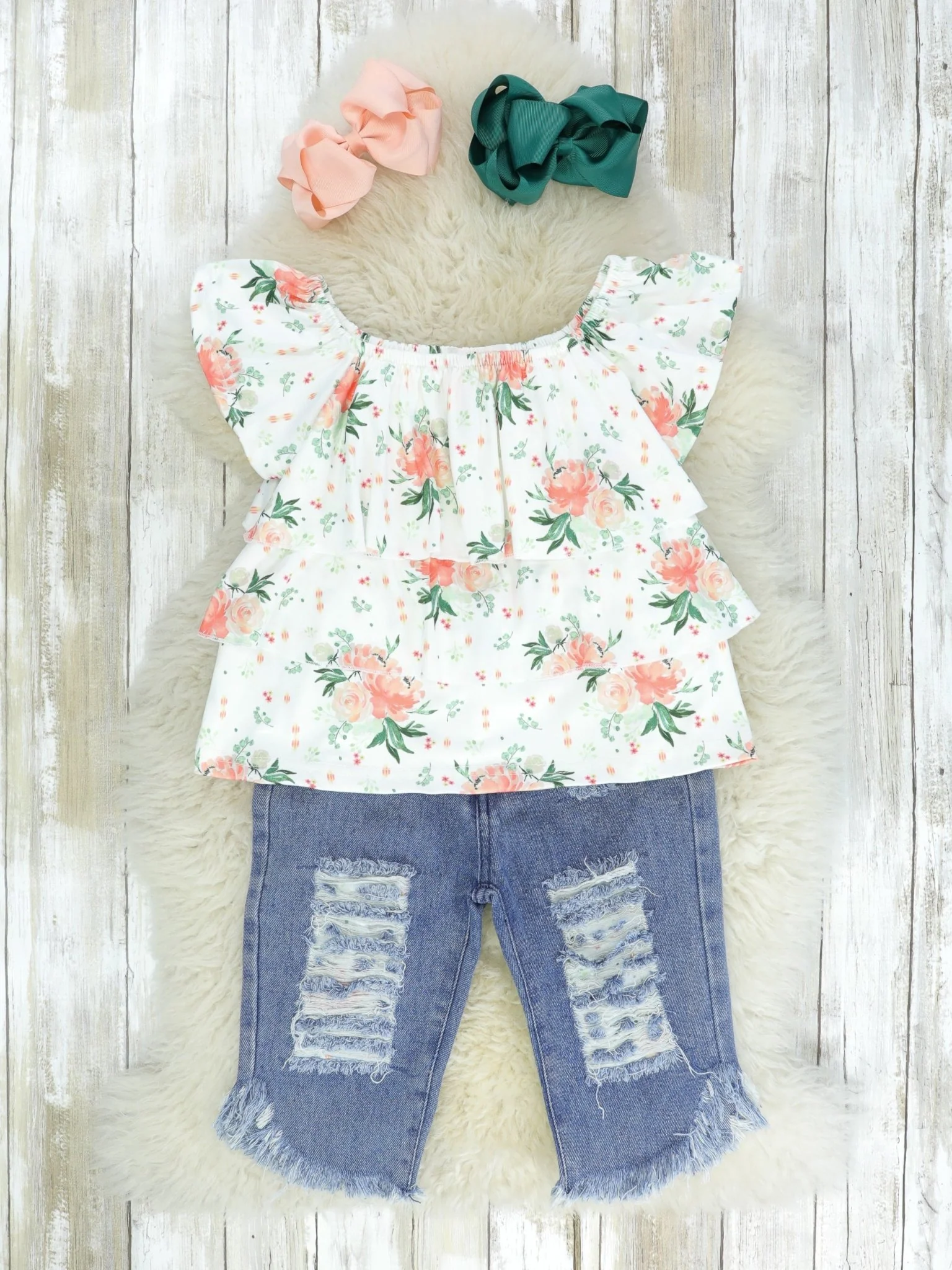 Peachy Tiered Ruffle Top & Distressed Denim Outfit