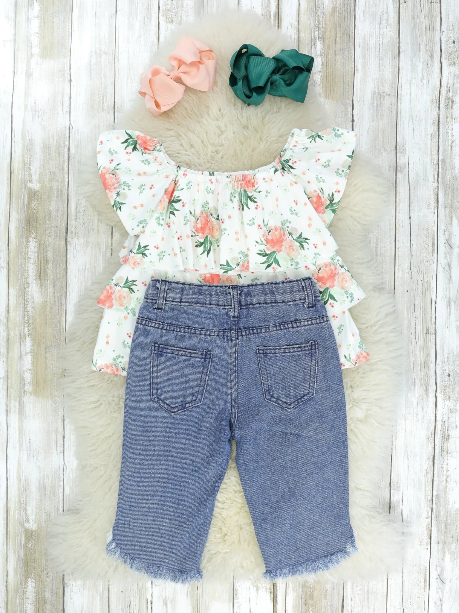 Peachy Tiered Ruffle Top & Distressed Denim Outfit - Image 3