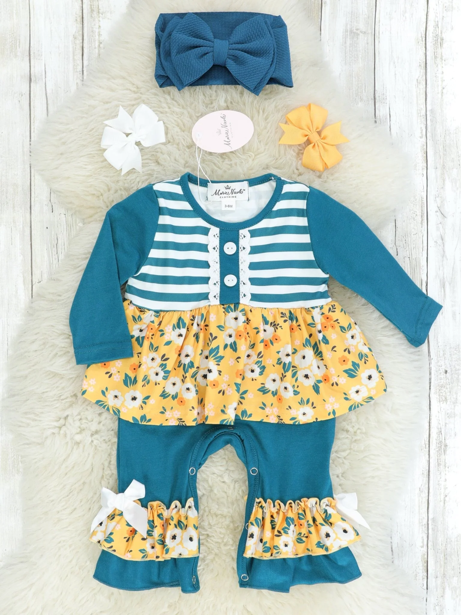 Peacock Blue Striped & Floral Ruffle Romper