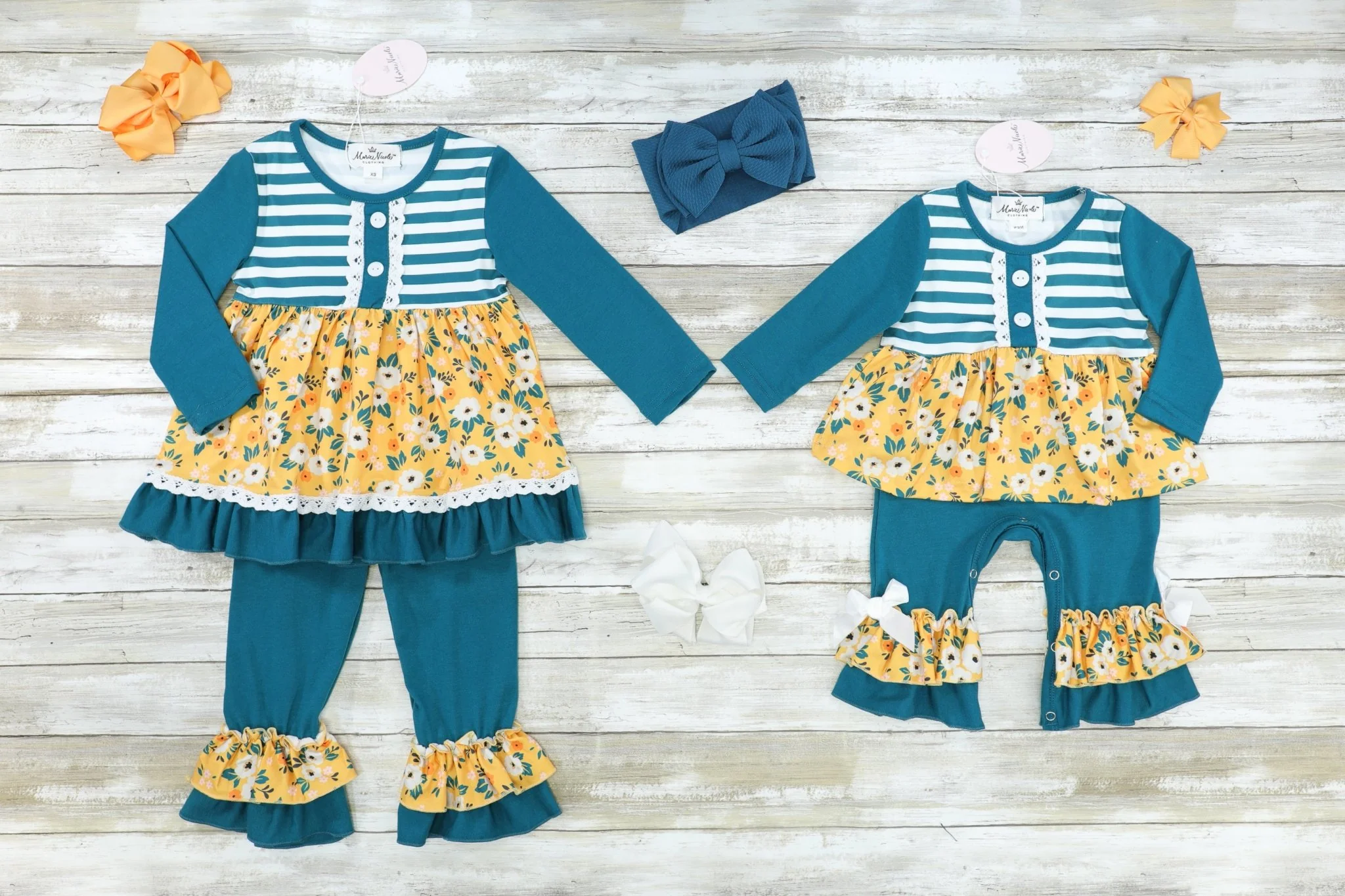 Peacock Blue Striped & Floral Ruffle Romper - Image 3