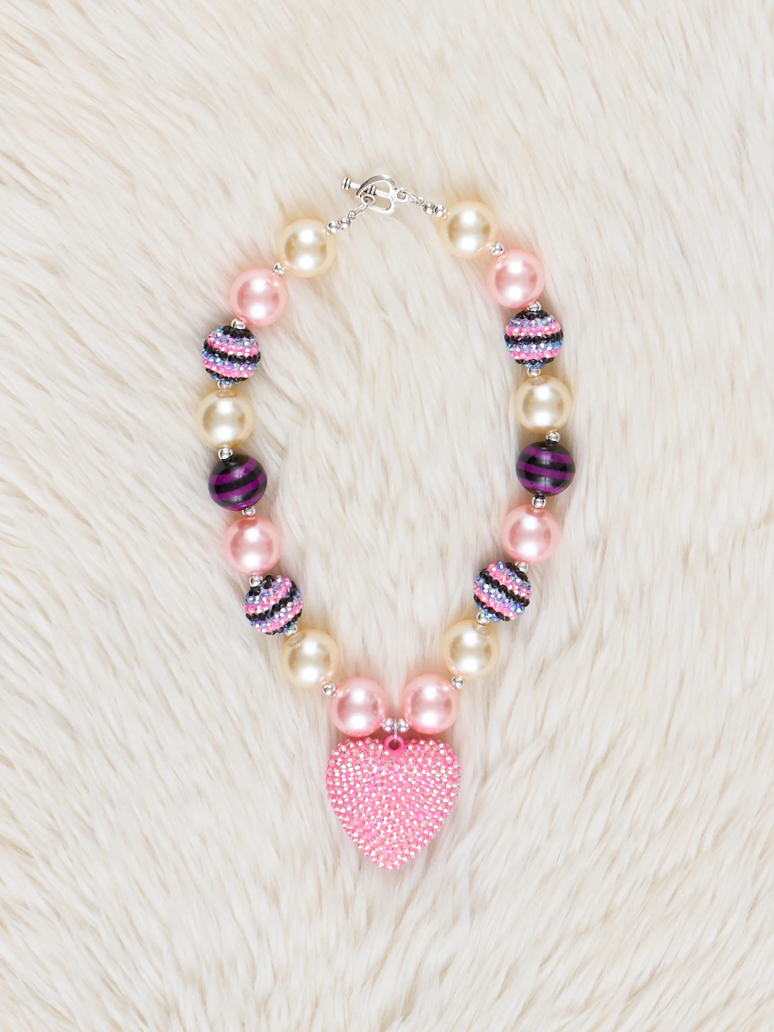 Pearl & Pink Heart Charm Bubblegum Necklace