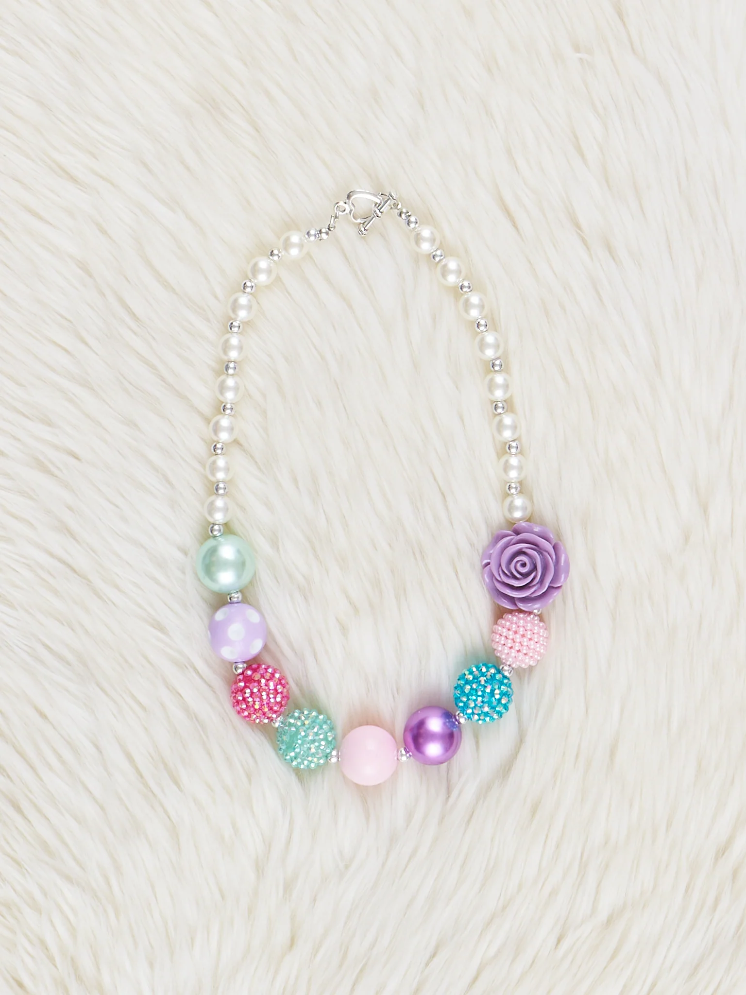 Pearl & Purple Rose Charm Bubblegum Necklace