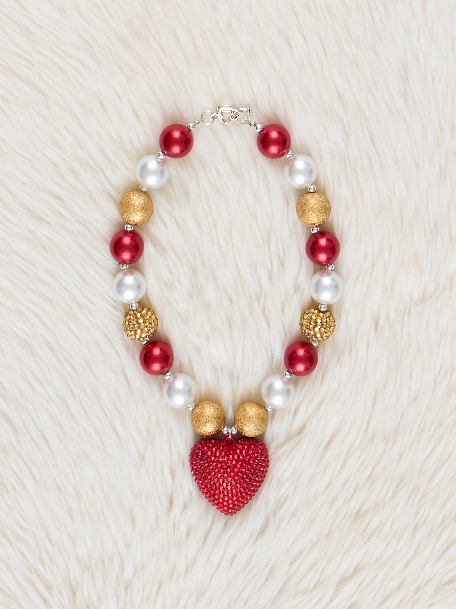 Pearl & Red Heart Charm Bubblegum Necklace